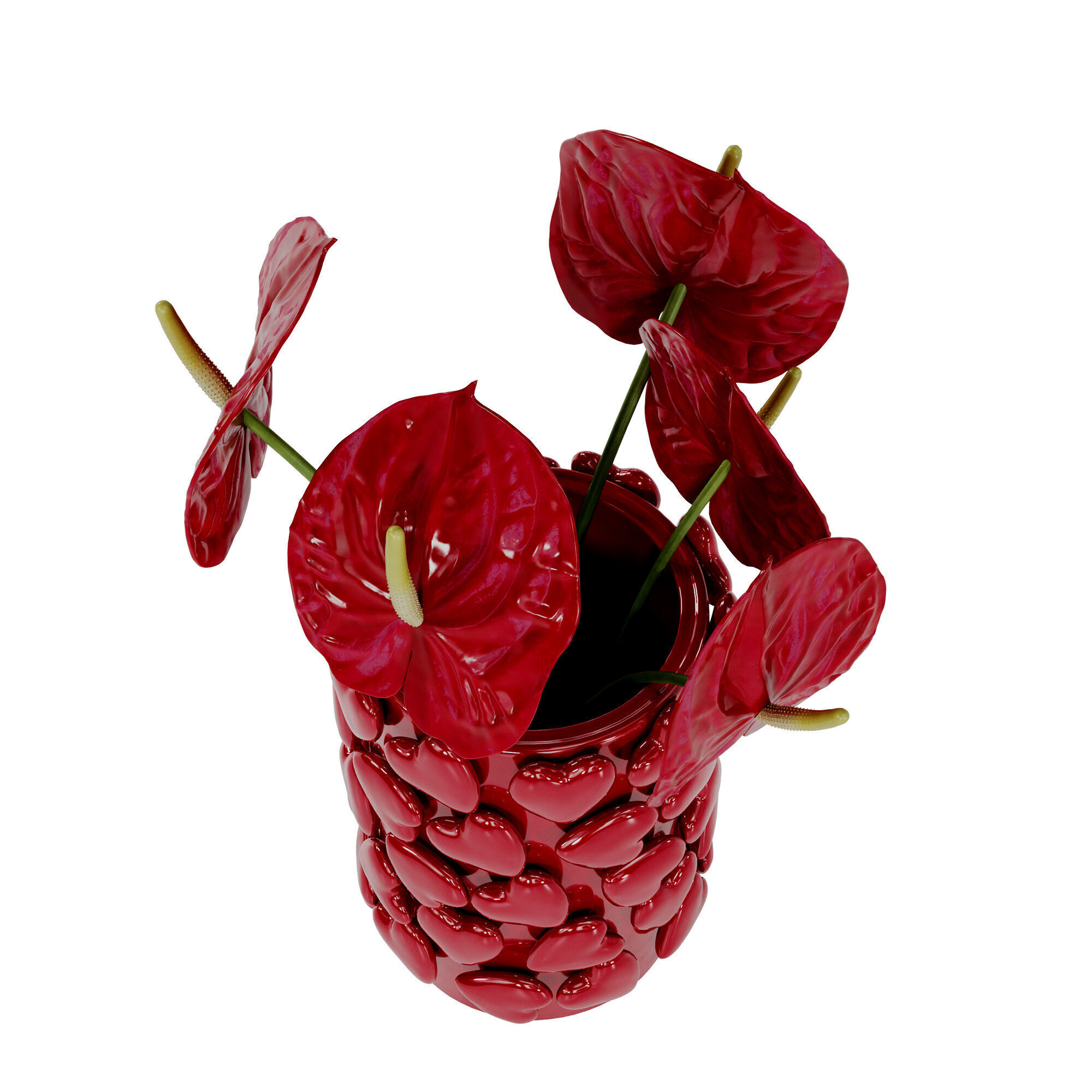 Bouquet of red anthurium in a red clay vase 3D model_5