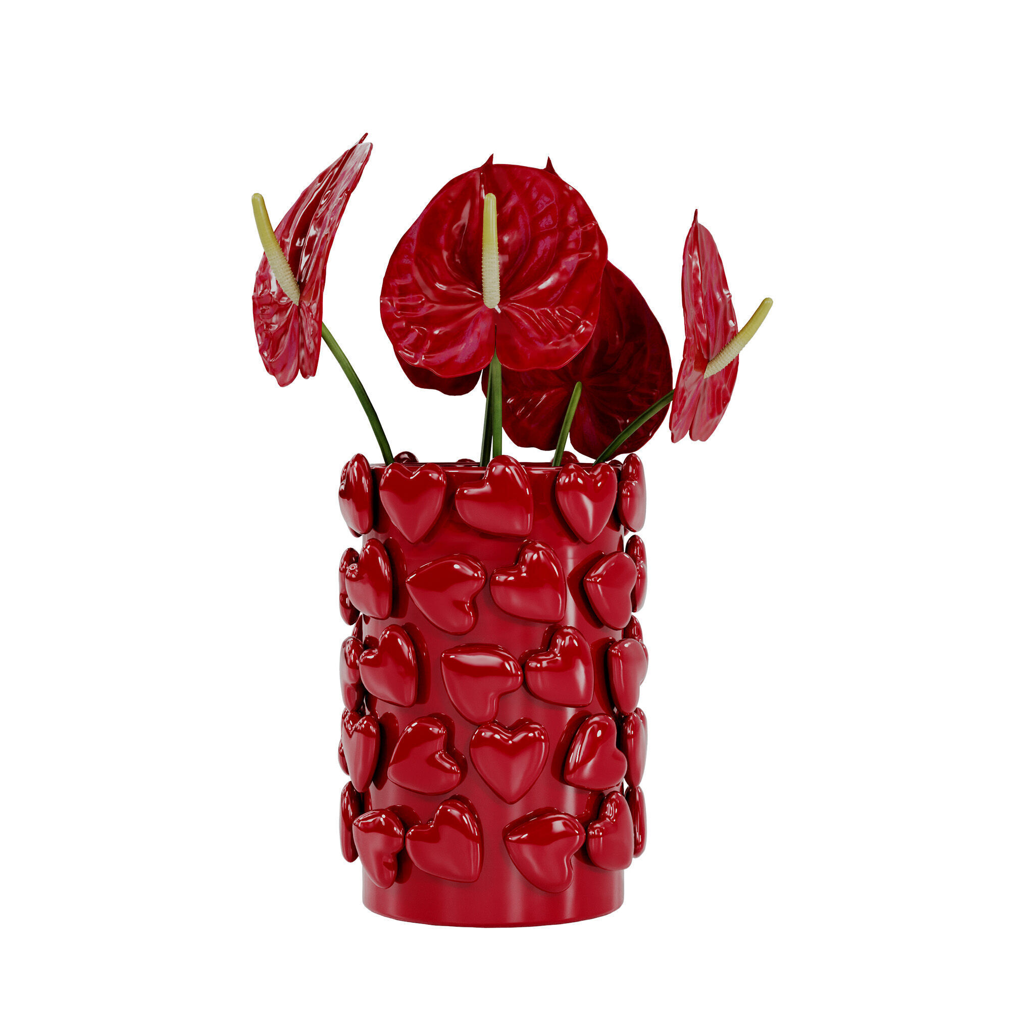 Bouquet of red anthurium in a red clay vase 3D model_3