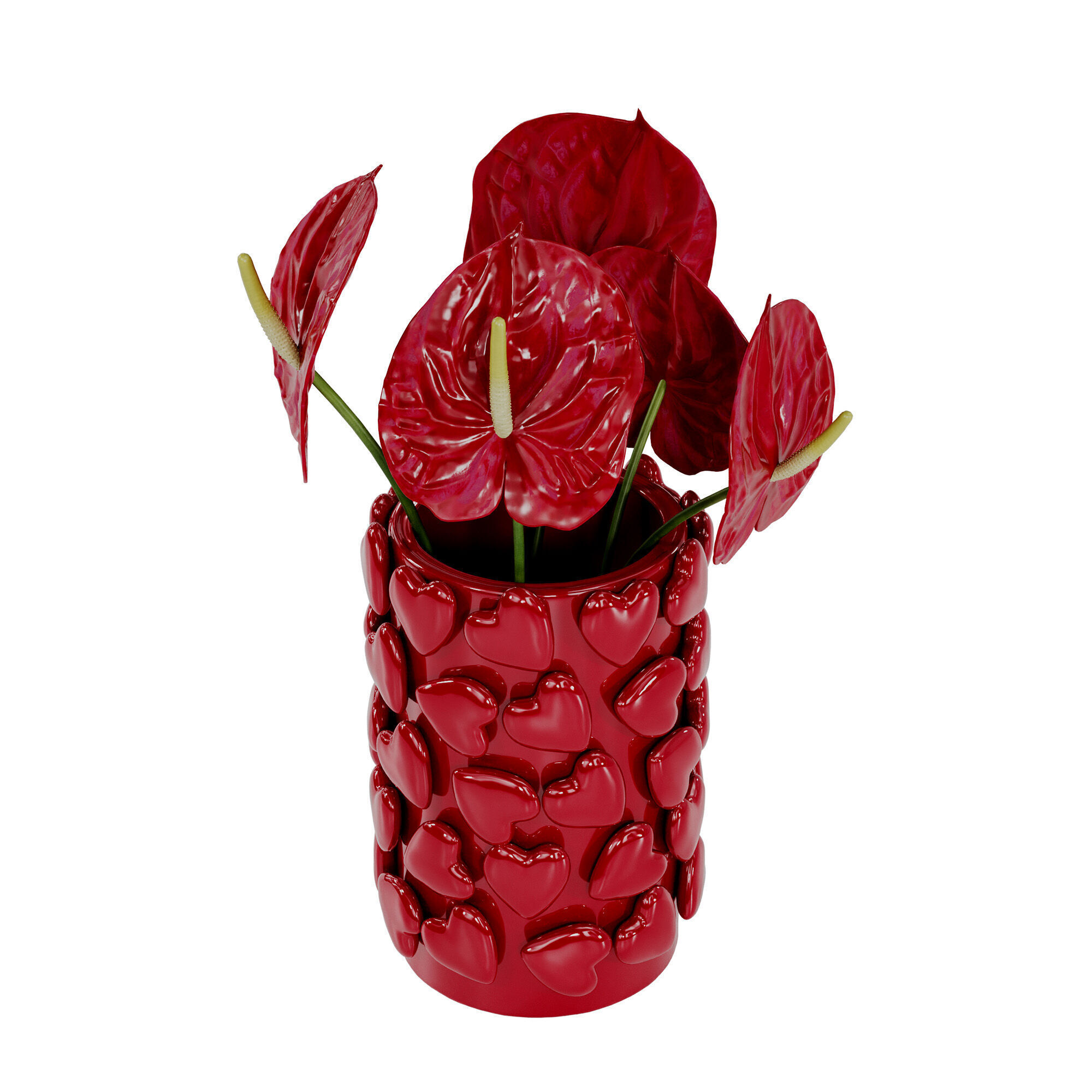 Bouquet of red anthurium in a red clay vase 3D model_1