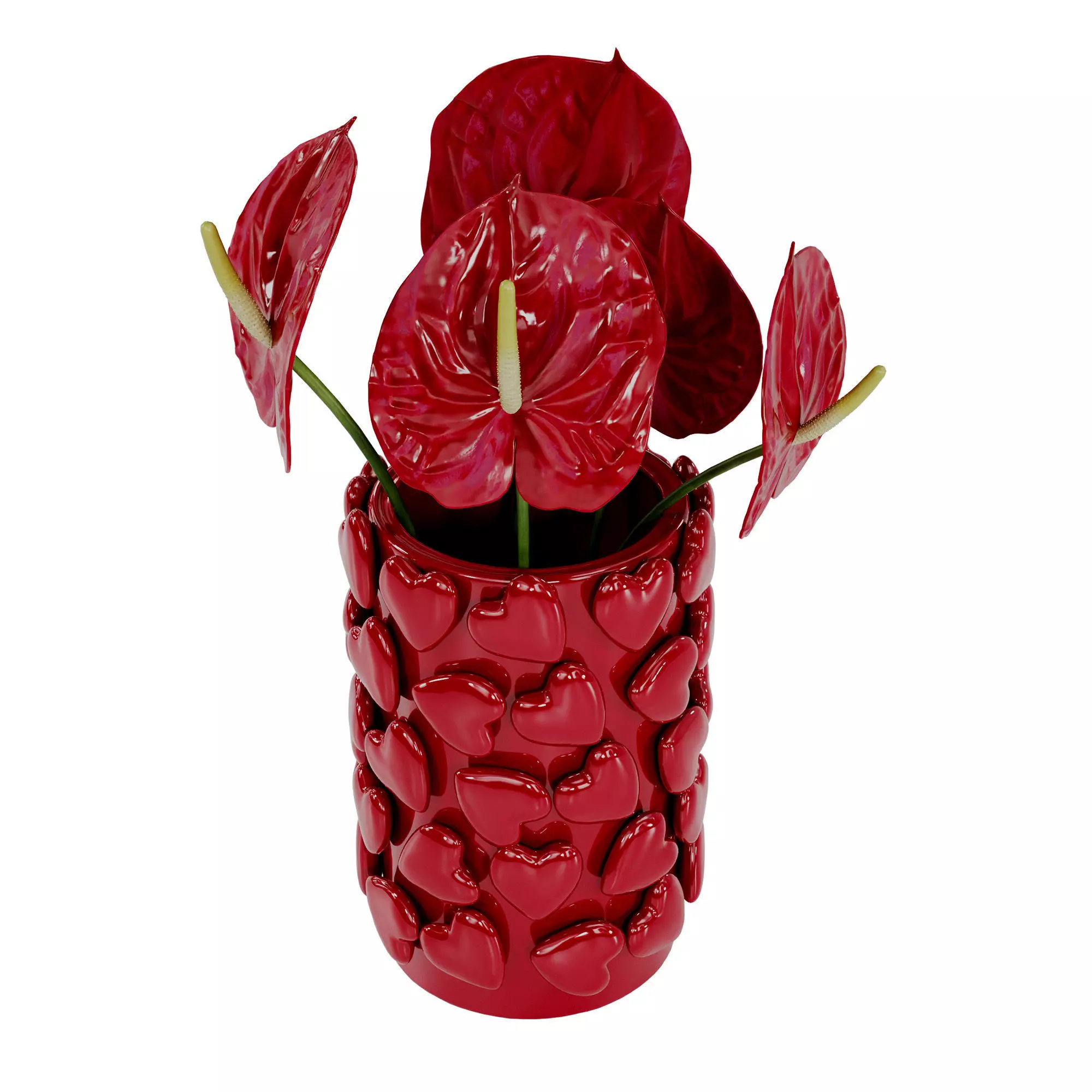 Bouquet of red anthurium in a red clay vase 3D model_0
