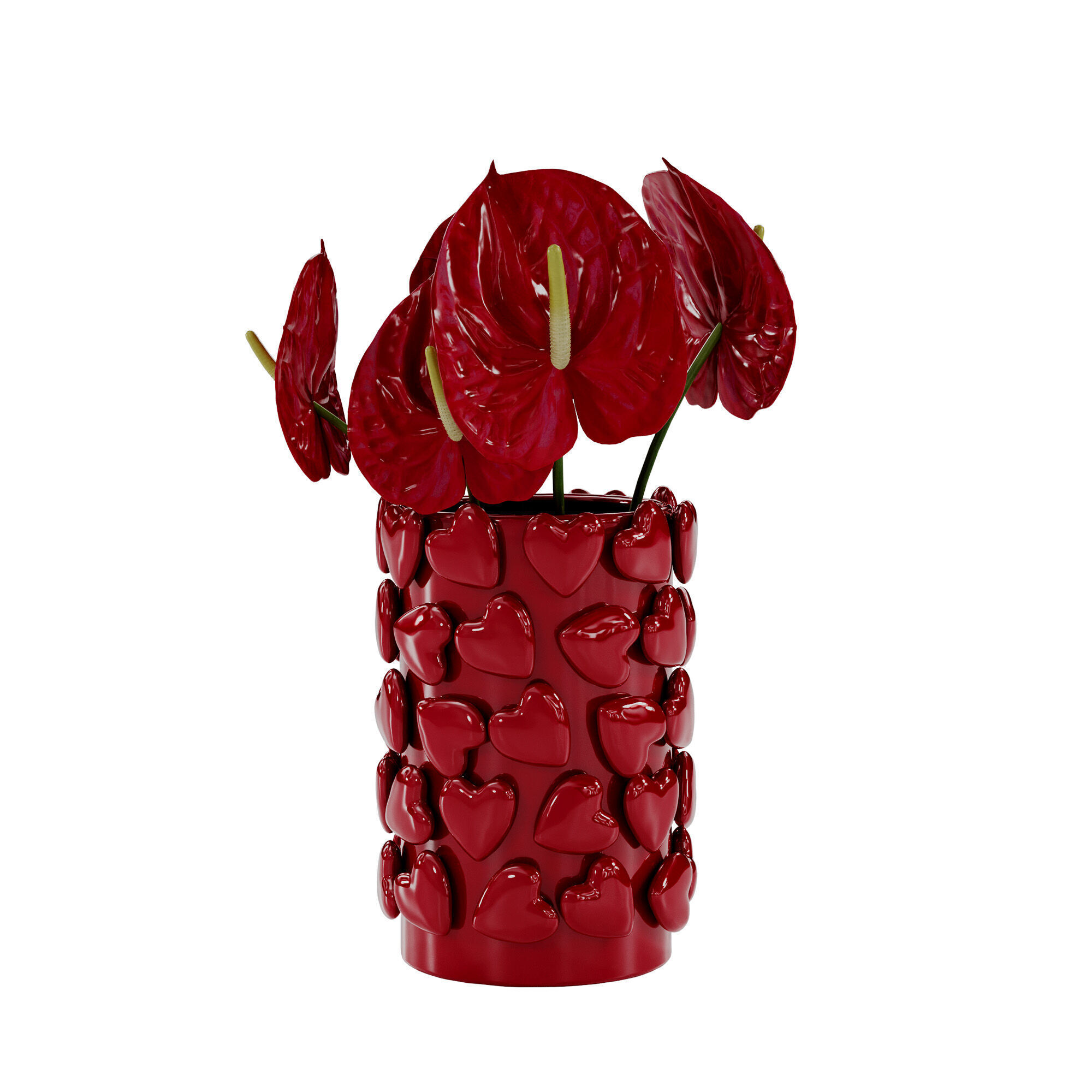 Bouquet of red anthurium in a red clay vase 3D model_4