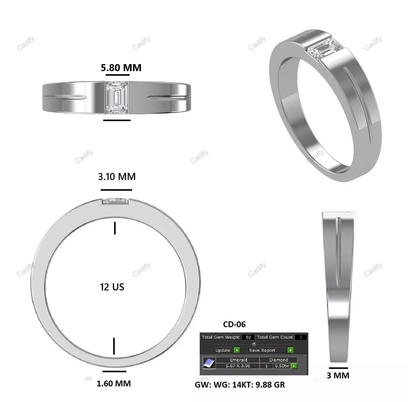 Emerald Cut Mens Solid Ring 3D print model