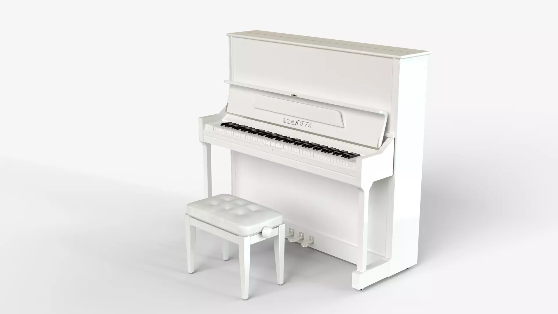 White Upright Piano with chair 3D model