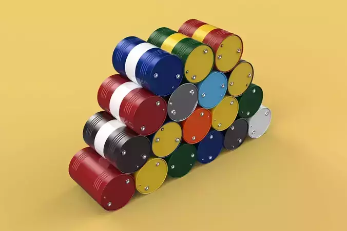 STEEL DRUM BARREL STACKED VARIOUS COLOR GALLON GAS TANK OIL FUEL