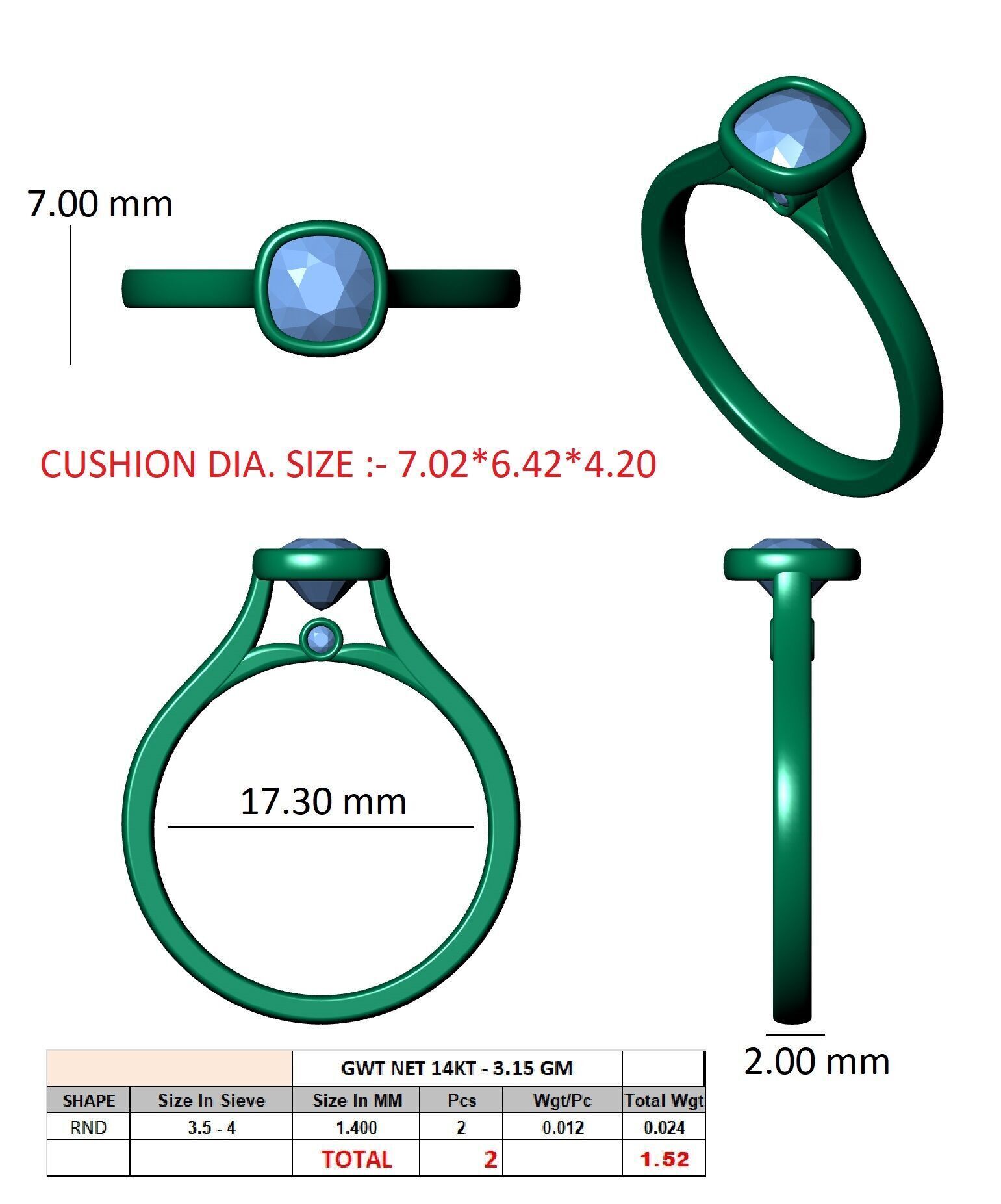 Cushion Diamond Bezel Setting Solitaire Diamond Ring 3D print model_10