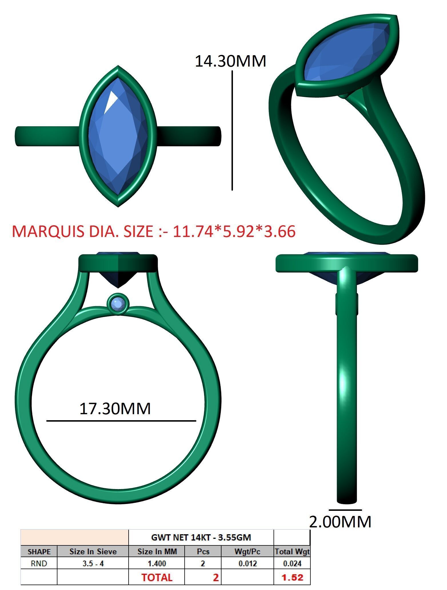 Marquise Diamond Bezel Setting Solitaire Diamond Ring 3D print model_12