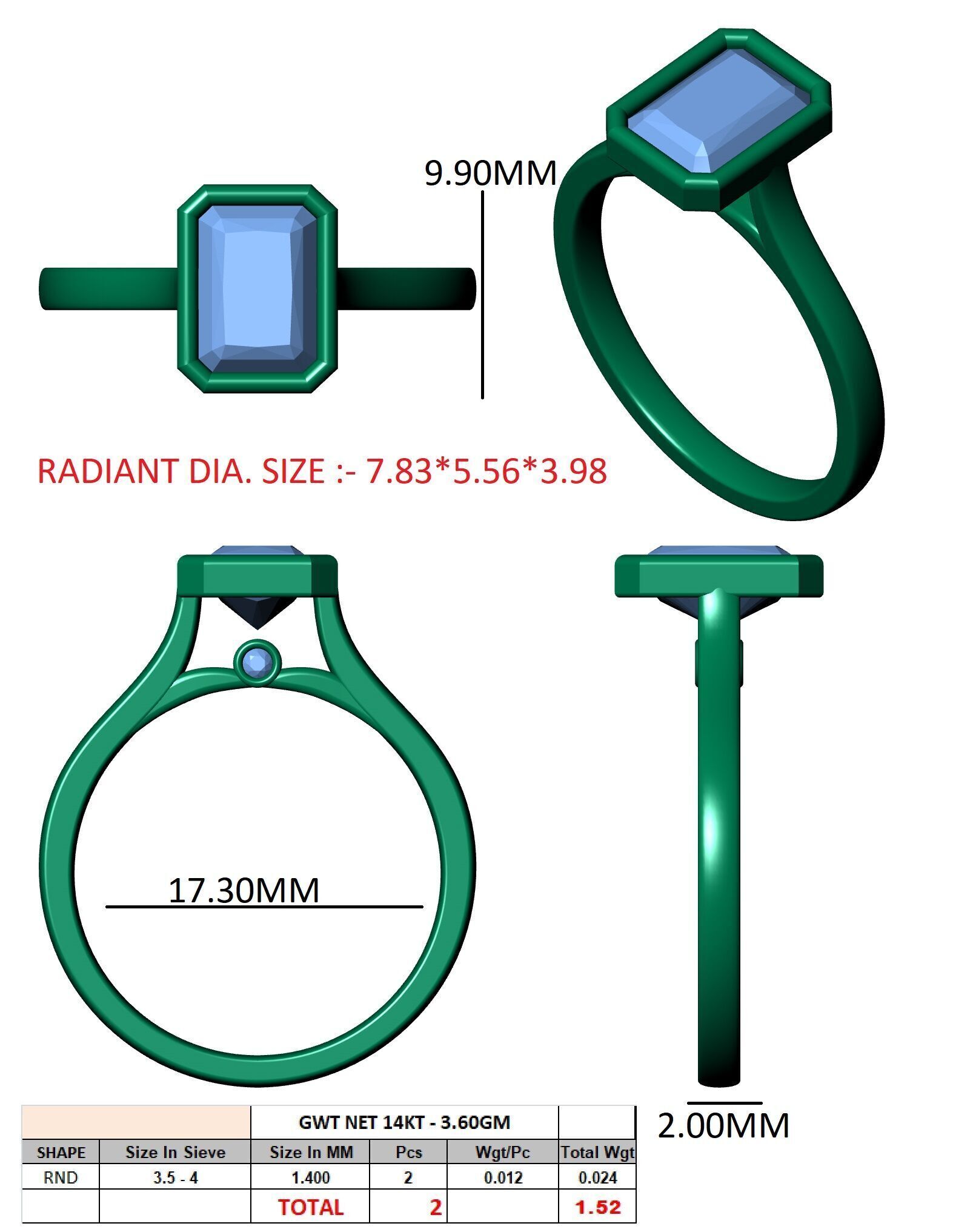 Radiant Diamond Bezel Setting Solitaire Diamond Ring 3D print model_12
