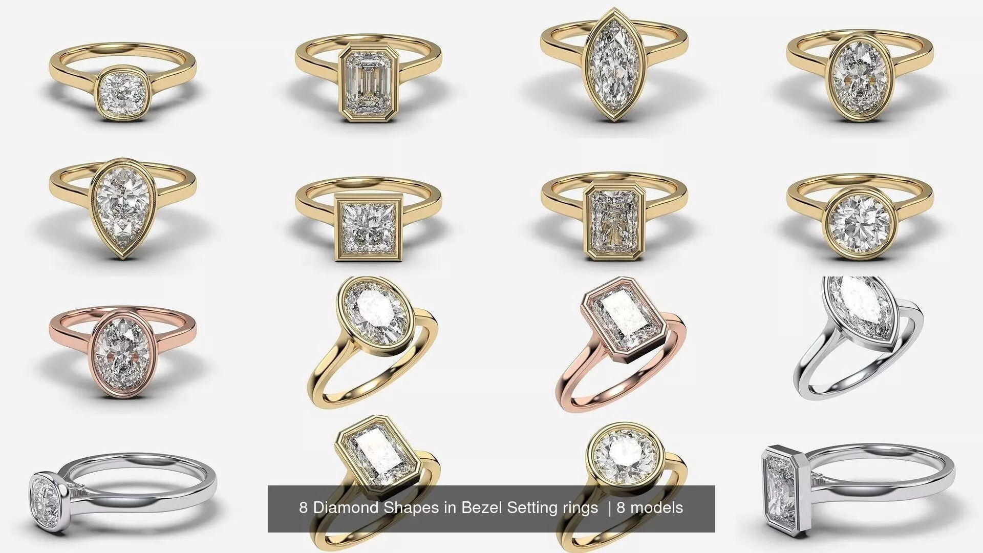 8 Diamond Shapes in Bezel Setting rings  3D Model Collection_0