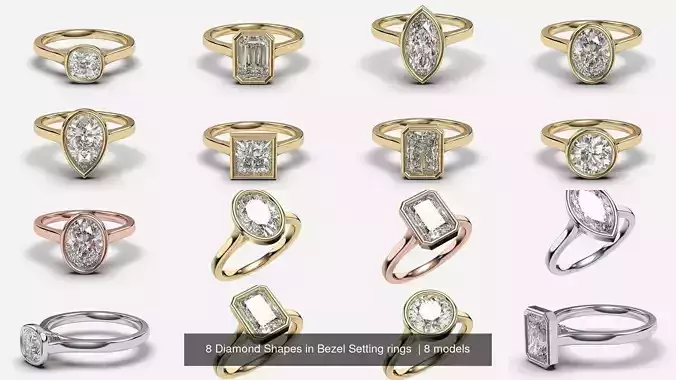 8 Diamond Shapes in Bezel Setting rings 
