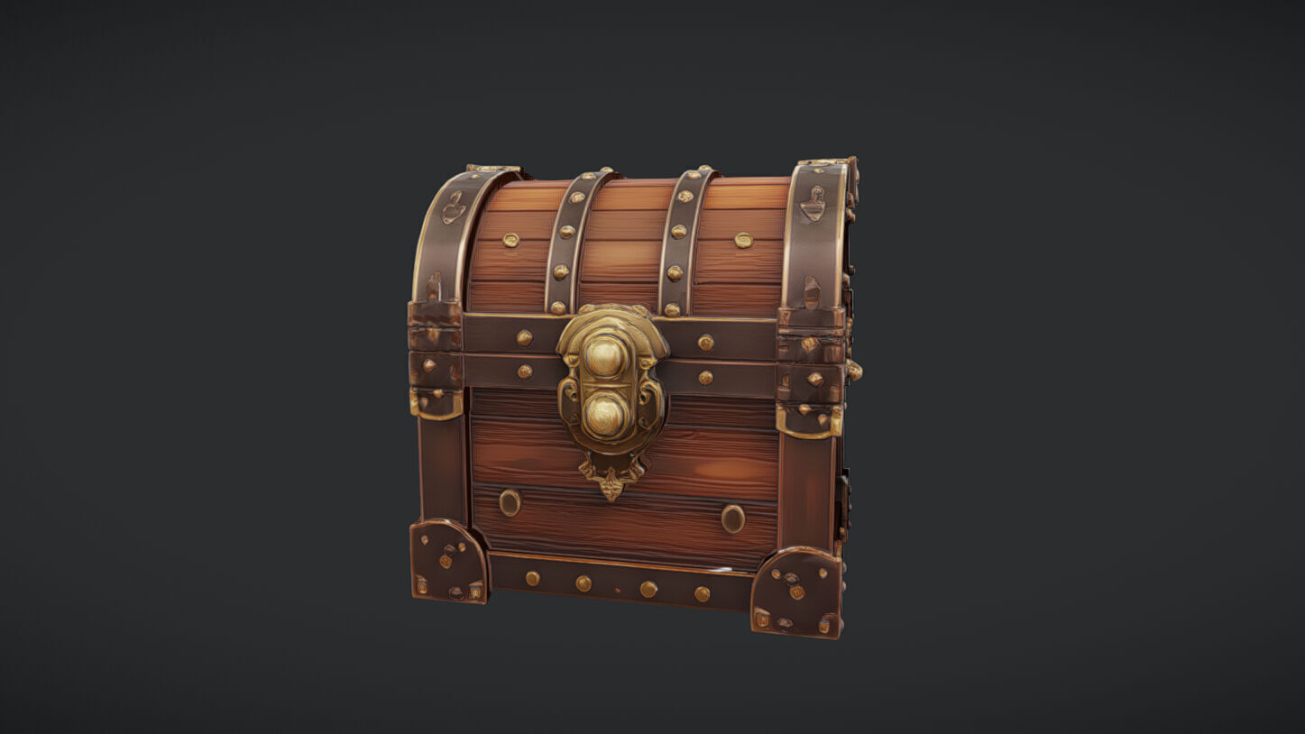 ornate wooden treasure chest with metal reinforcements 3D model_15