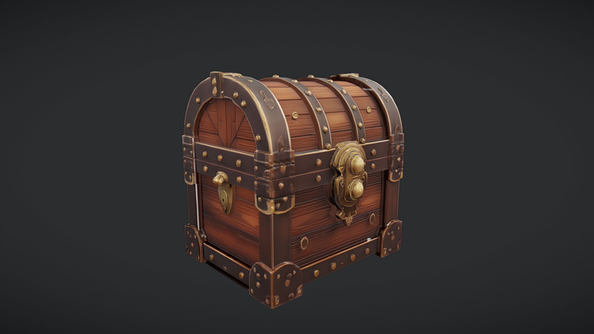 ornate wooden treasure chest with metal reinforcements 3D model_30