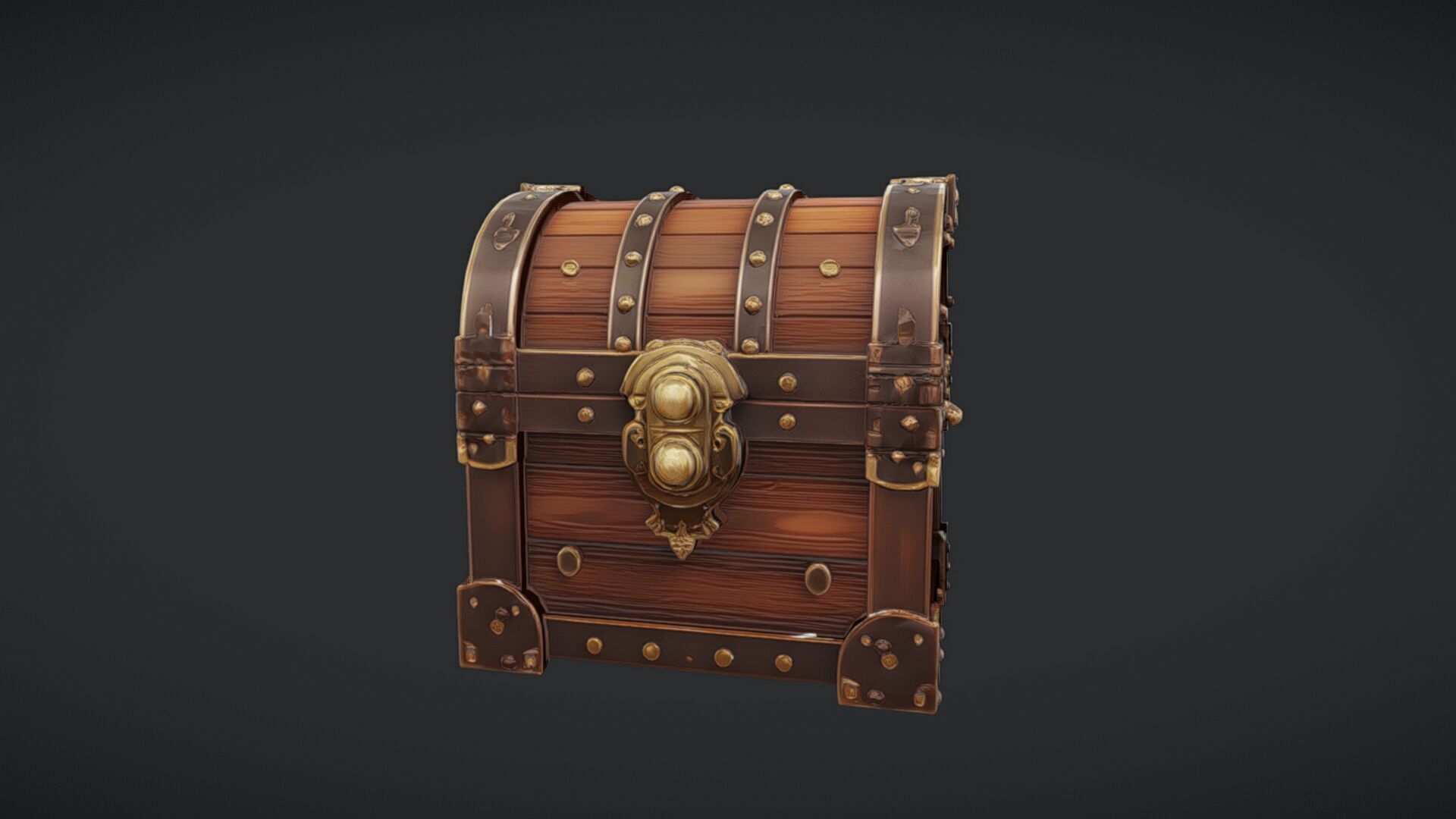 ornate wooden treasure chest with metal reinforcements 3D model_23