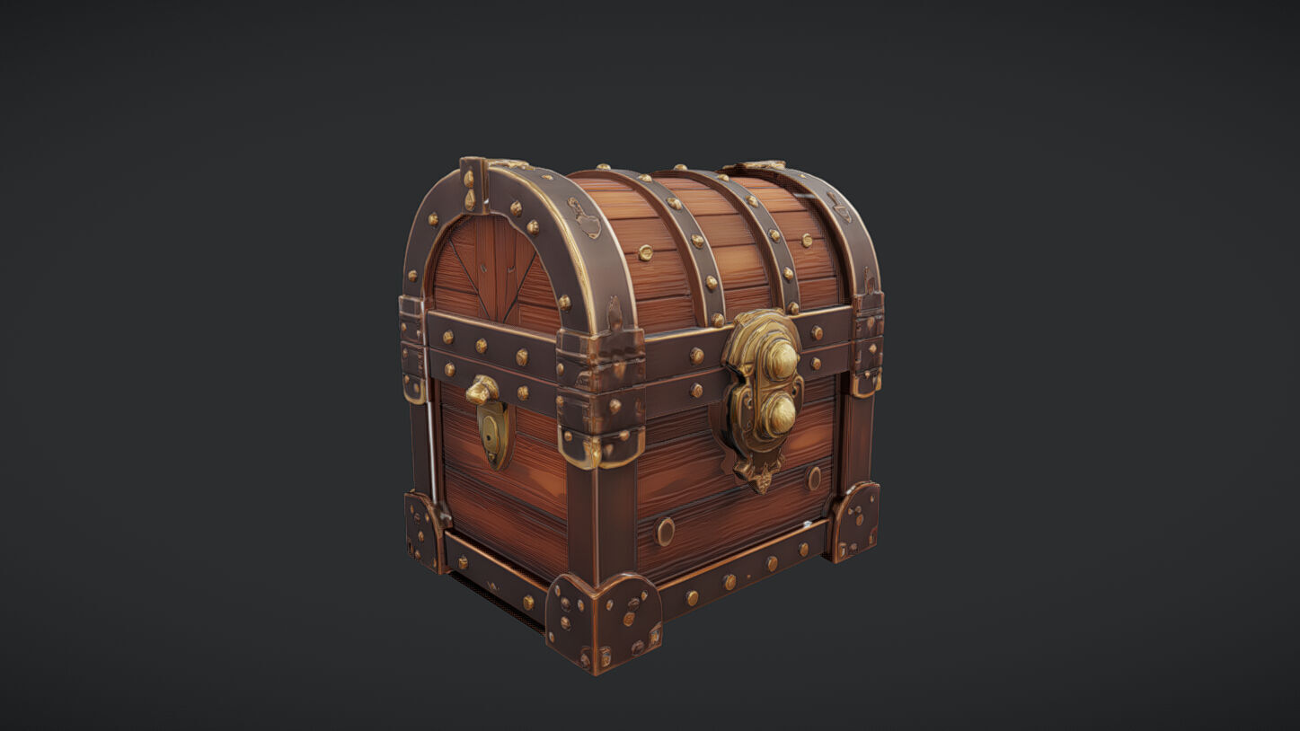 ornate wooden treasure chest with metal reinforcements 3D model_17