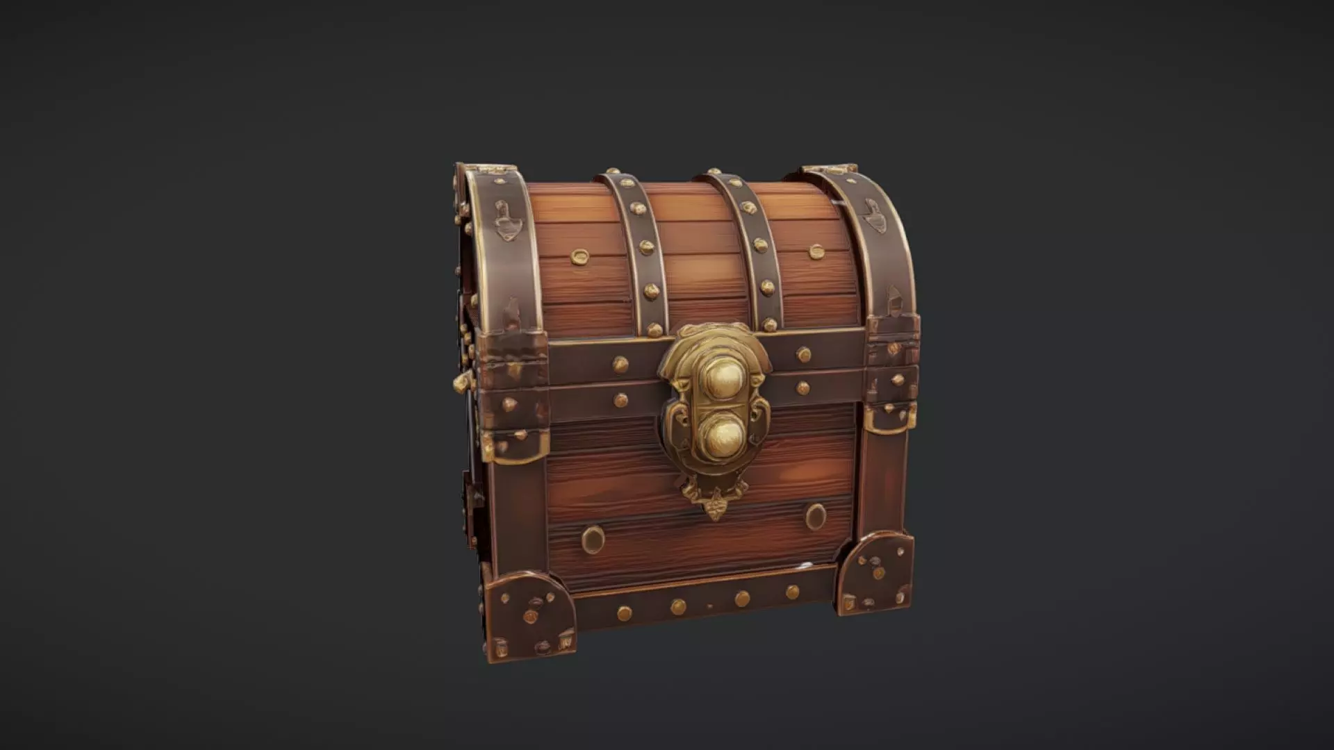 ornate wooden treasure chest with metal reinforcements 3D model_0