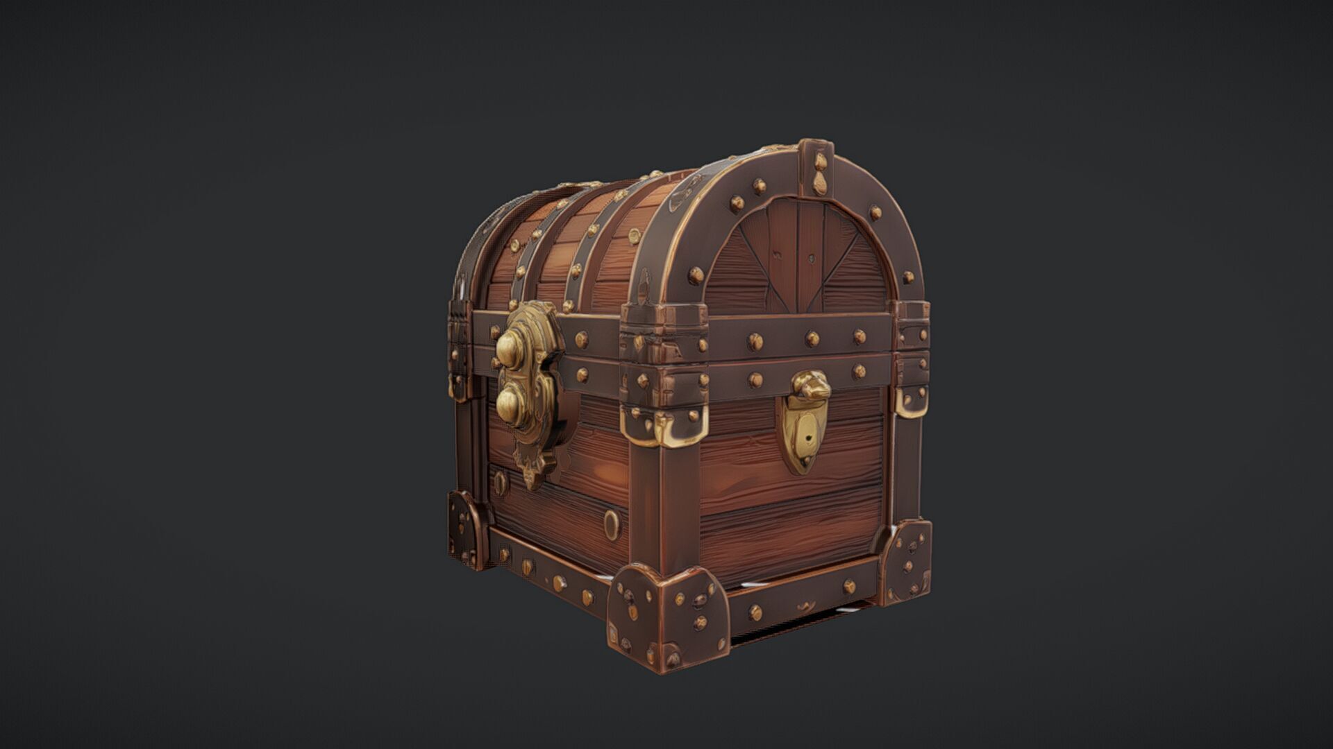 ornate wooden treasure chest with metal reinforcements 3D model_24