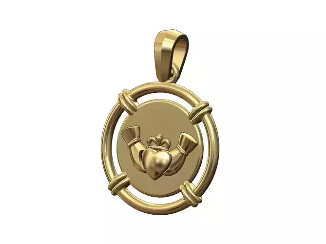 Linked wire halo Claddagh heart crown coin pendant with bail