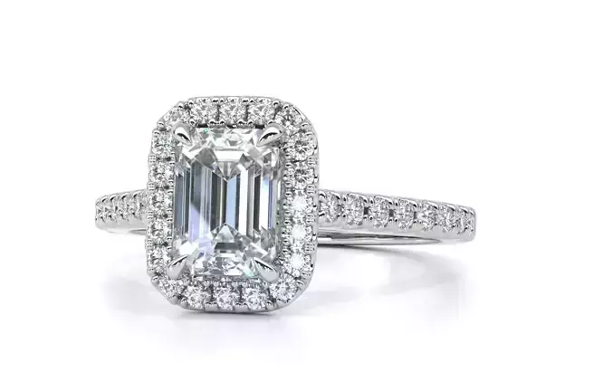 Emerald Cut Diamond Halo U Prong Pave Diamond Engagement Ring