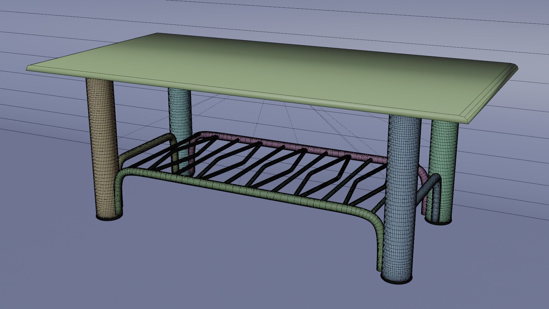 Modern Chrome Table with Wavy Shelf and Blue Glass Top  3D Model 3D model_12