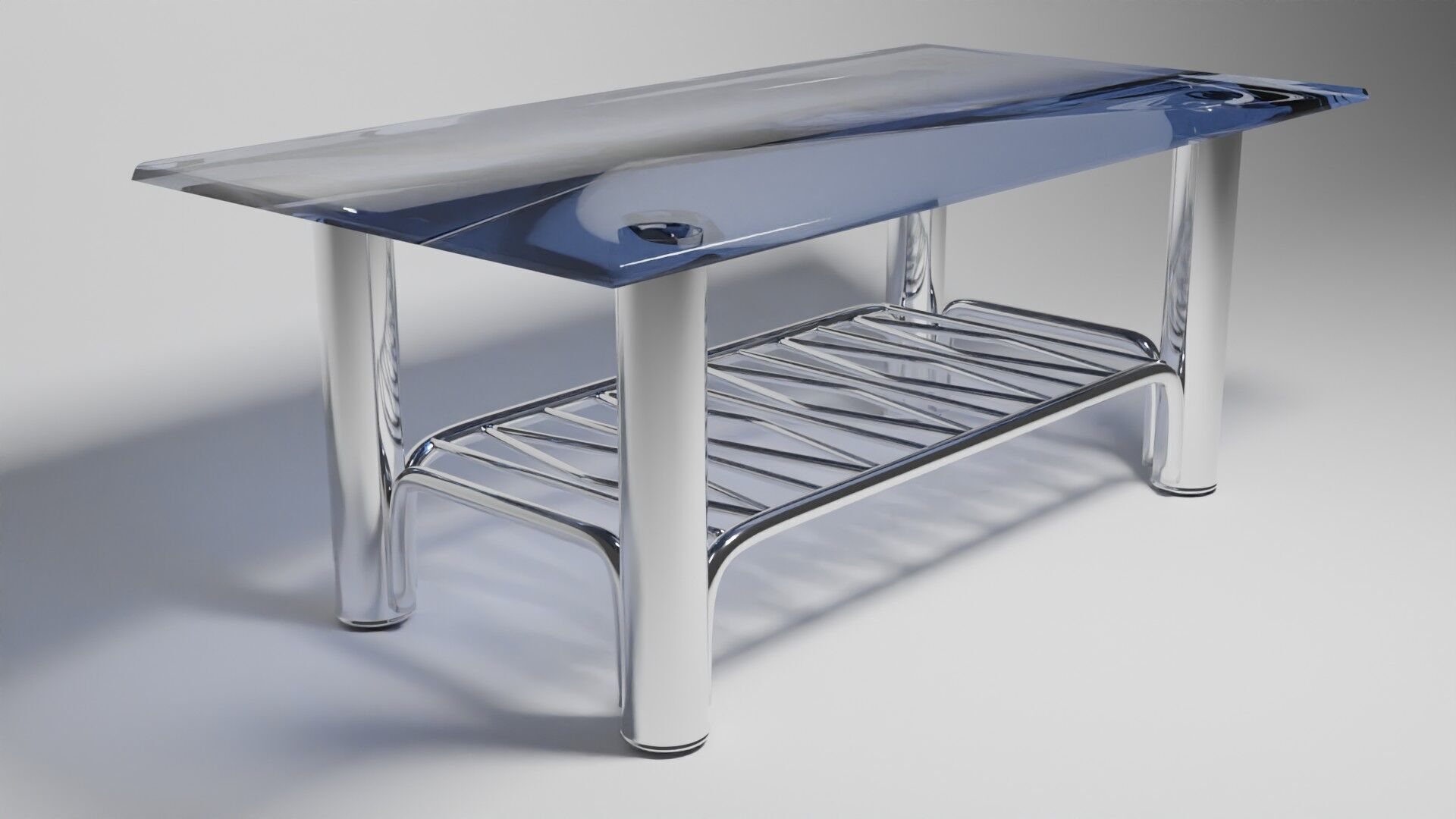 Modern Chrome Table with Wavy Shelf and Blue Glass Top  3D Model 3D model_1