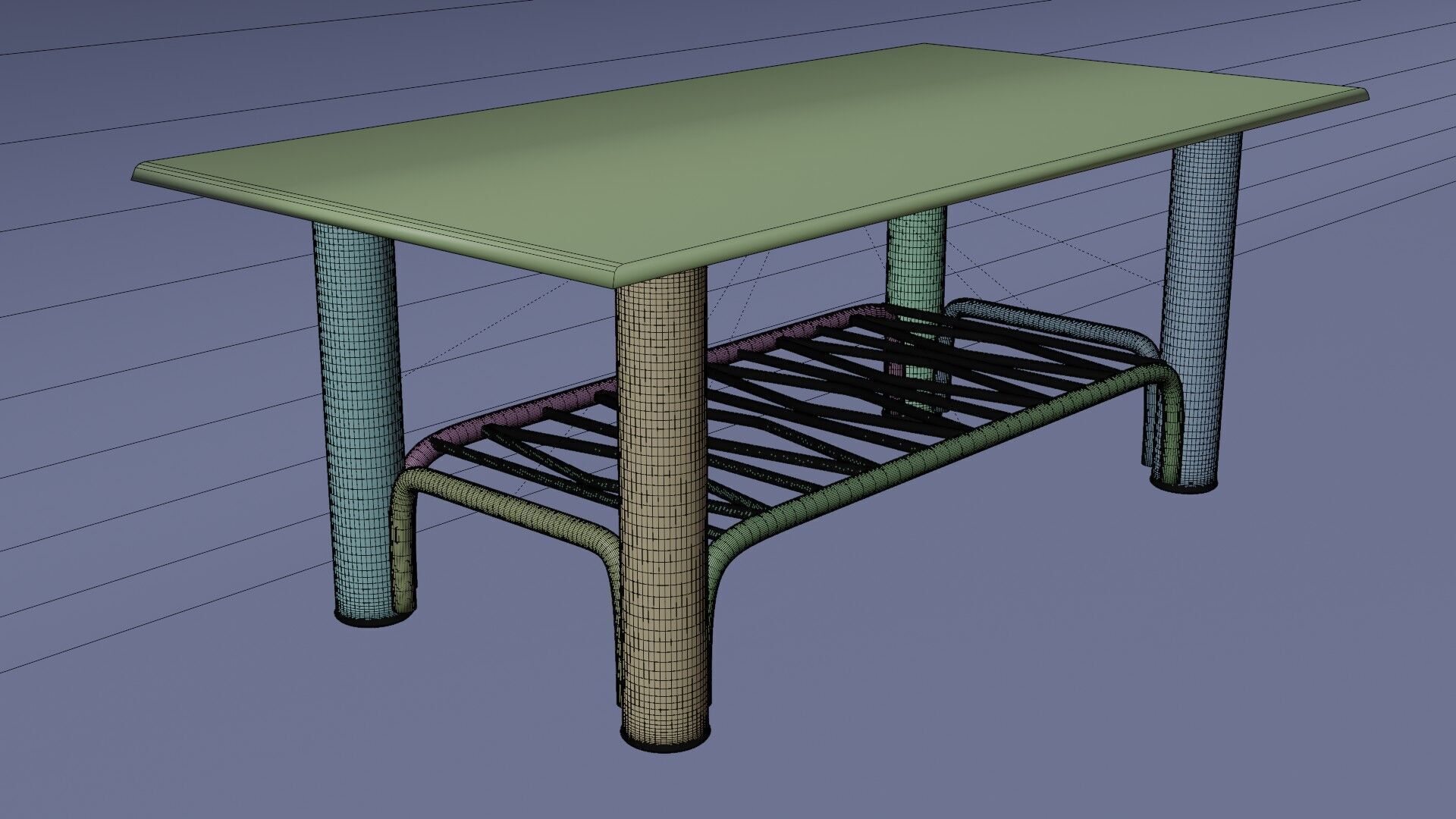 Modern Chrome Table with Wavy Shelf and Blue Glass Top  3D Model 3D model_13