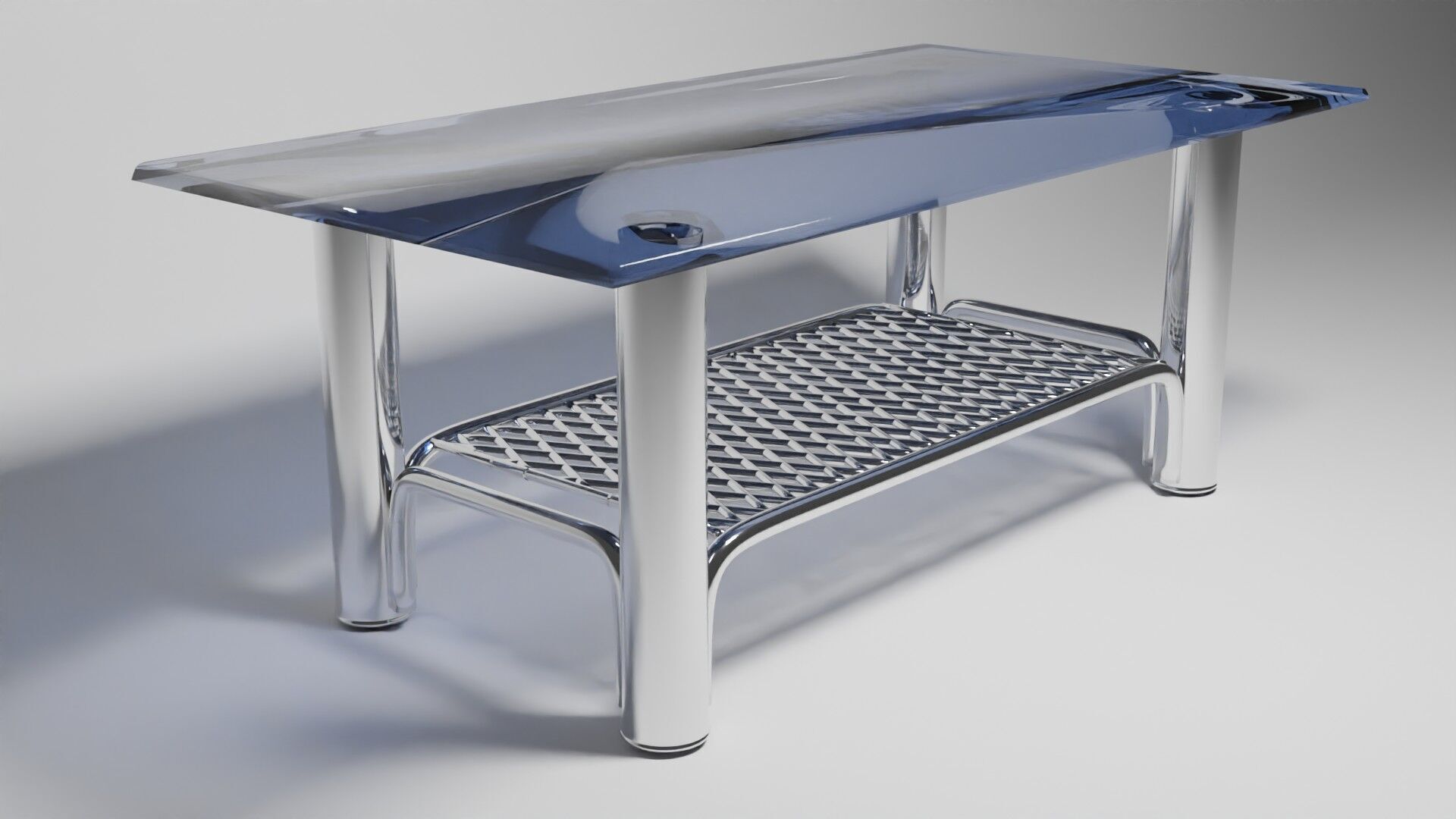 Modern Chrome Table with Grid Shelf and Blue Glass  3D model_2