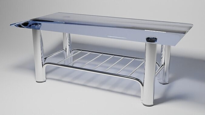 Minimalist Chrome Table with Blue Glass Top and Bar Shelf  3D model