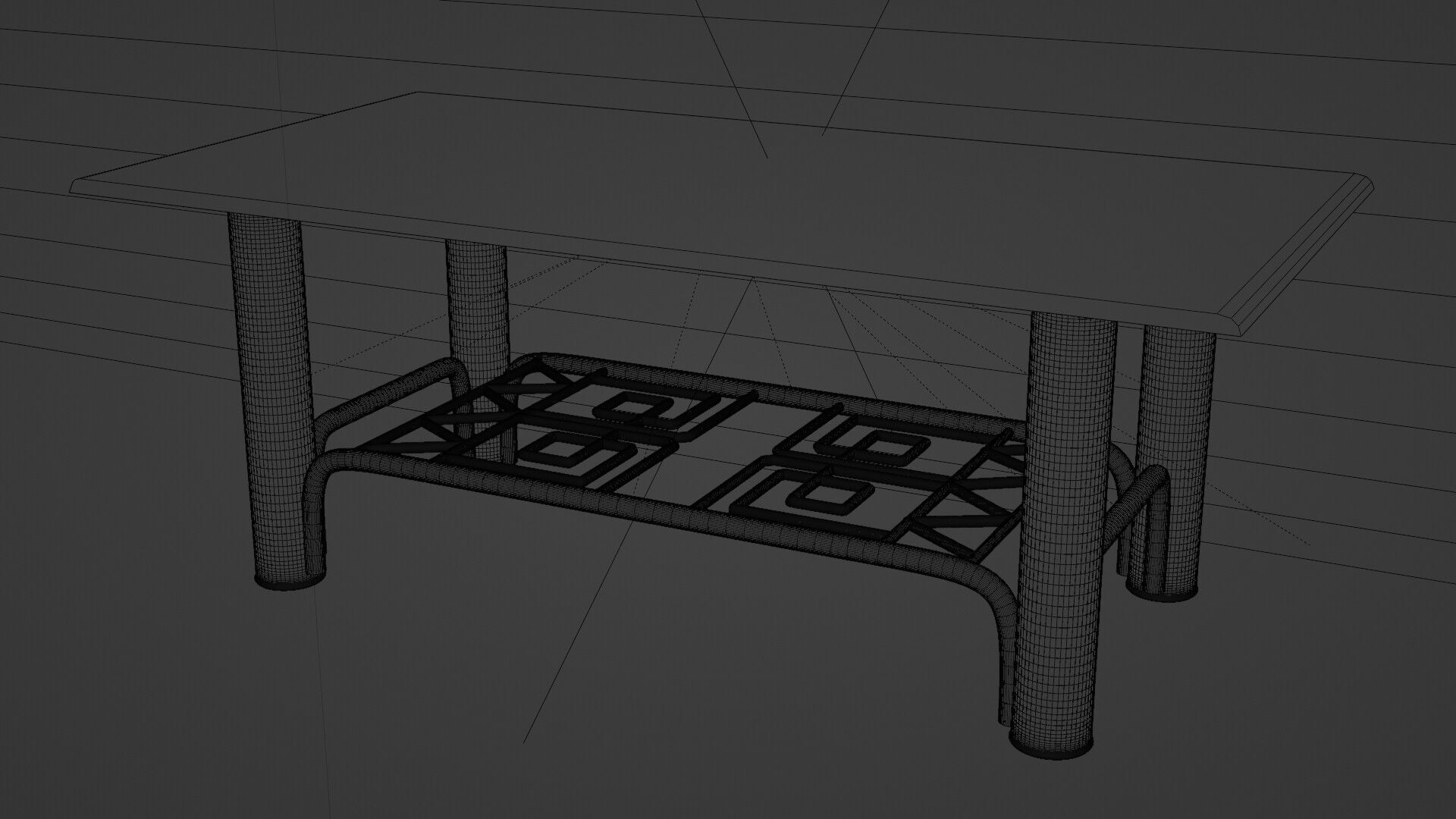 Modern Chrome Table with Blue Glass Top and Geometric Pattern 3D model_9