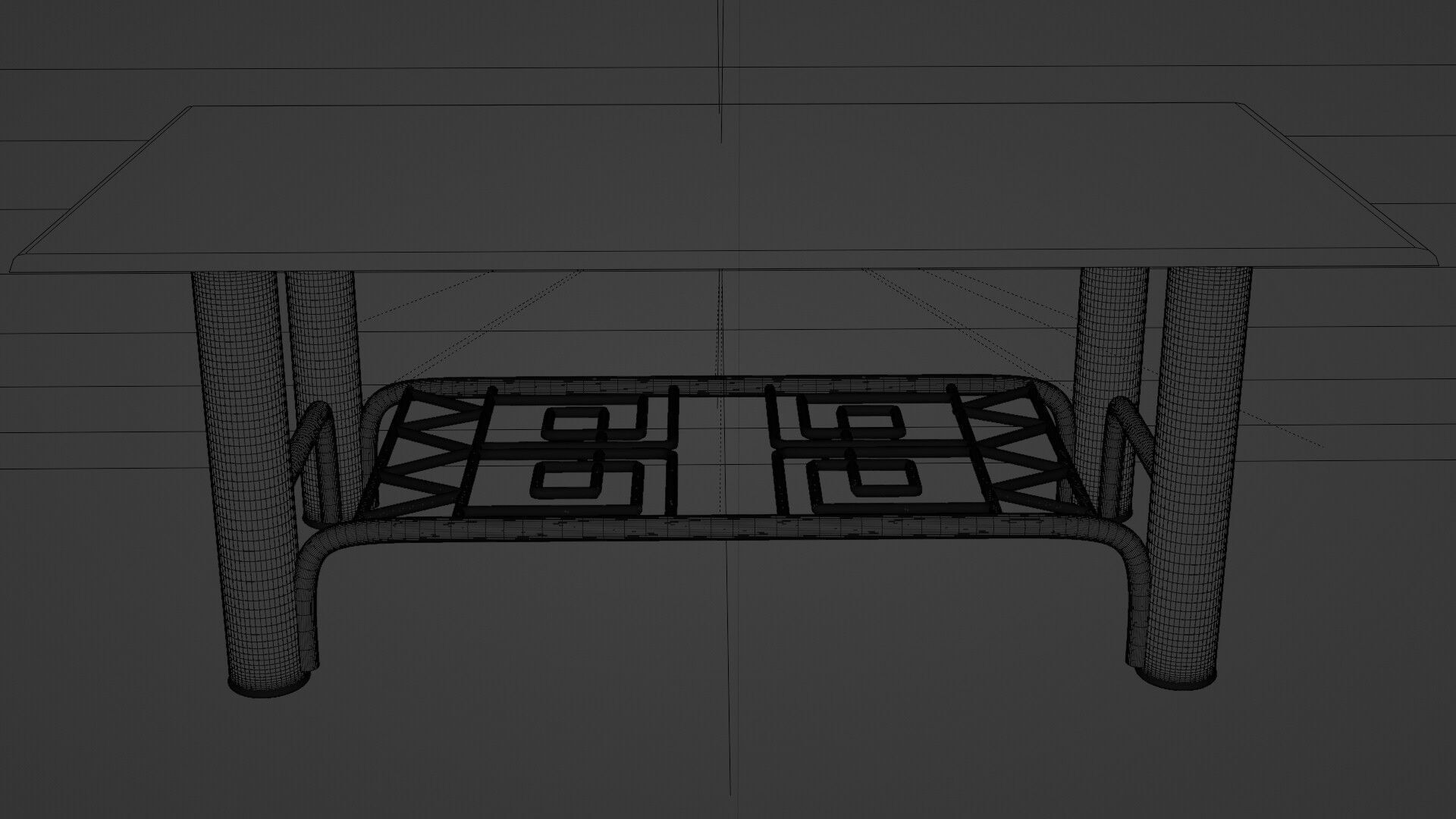 Modern Chrome Table with Blue Glass Top and Geometric Pattern 3D model_11