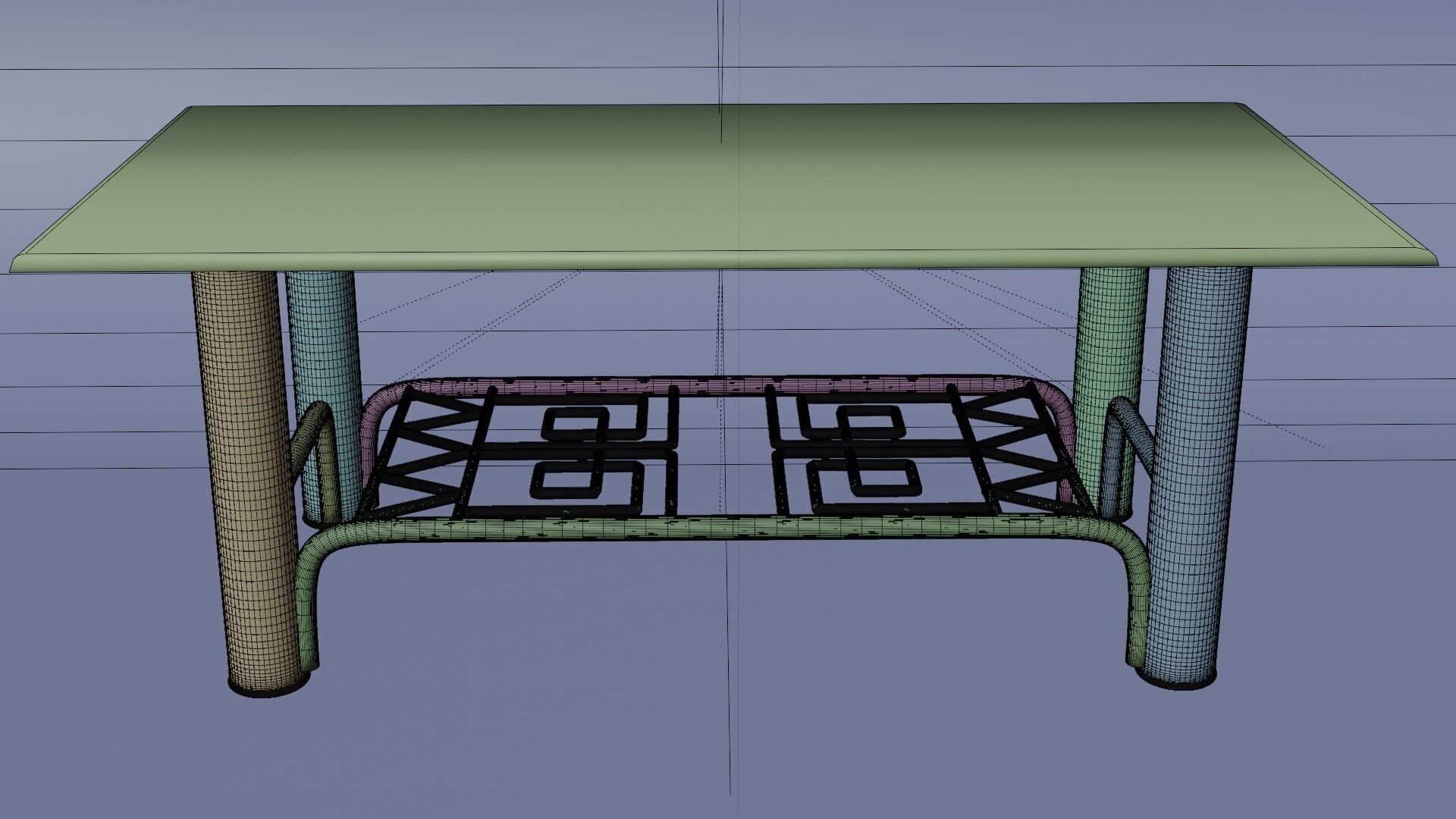 Modern Chrome Table with Blue Glass Top and Geometric Pattern 3D model_14