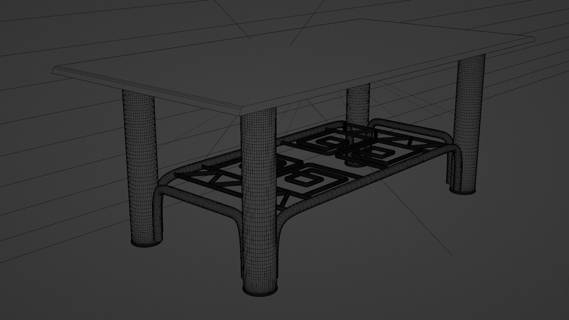 Modern Chrome Table with Blue Glass Top and Geometric Pattern 3D model_10