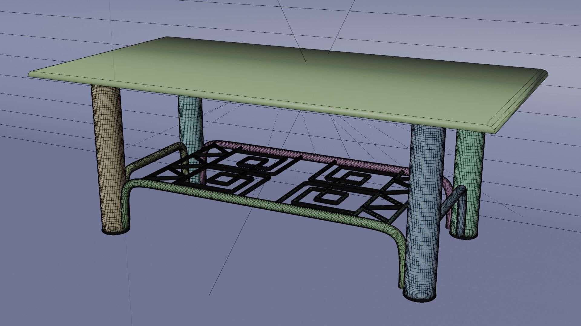 Modern Chrome Table with Blue Glass Top and Geometric Pattern 3D model_12