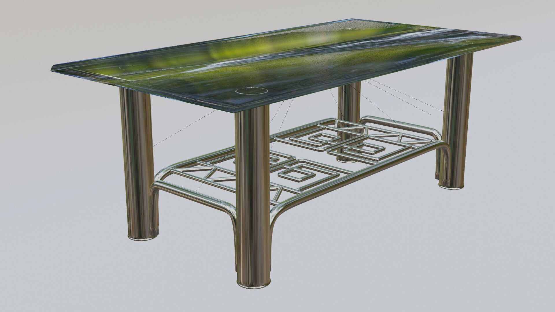 Modern Chrome Table with Blue Glass Top and Geometric Pattern 3D model_7