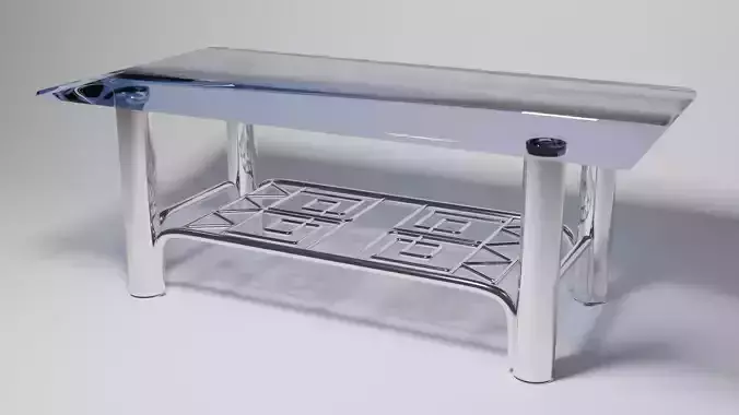 Modern Chrome Table with Blue Glass Top and Geometric Pattern 3D model