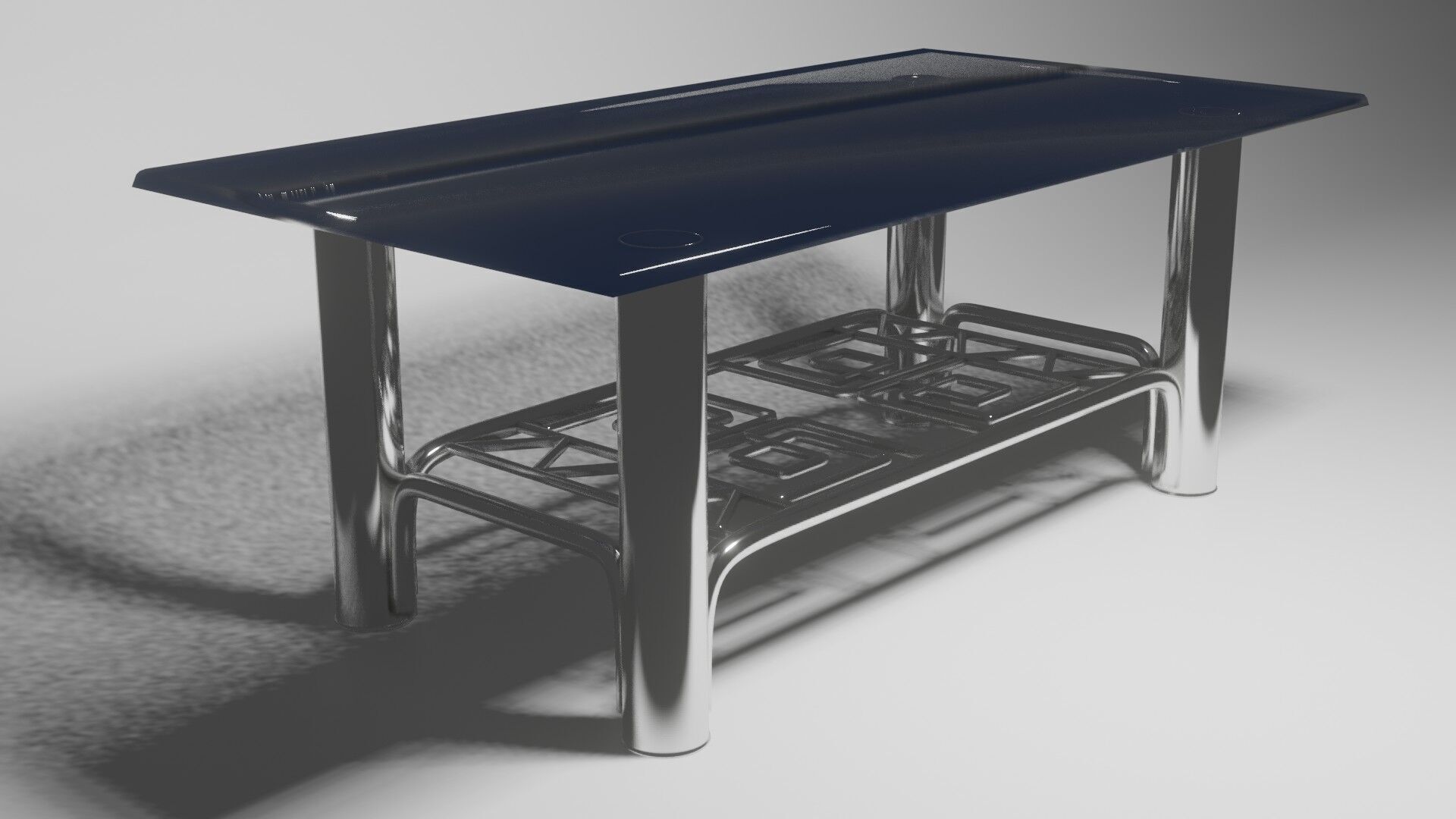 Modern Chrome Table with Blue Glass Top and Geometric Pattern 3D model_4
