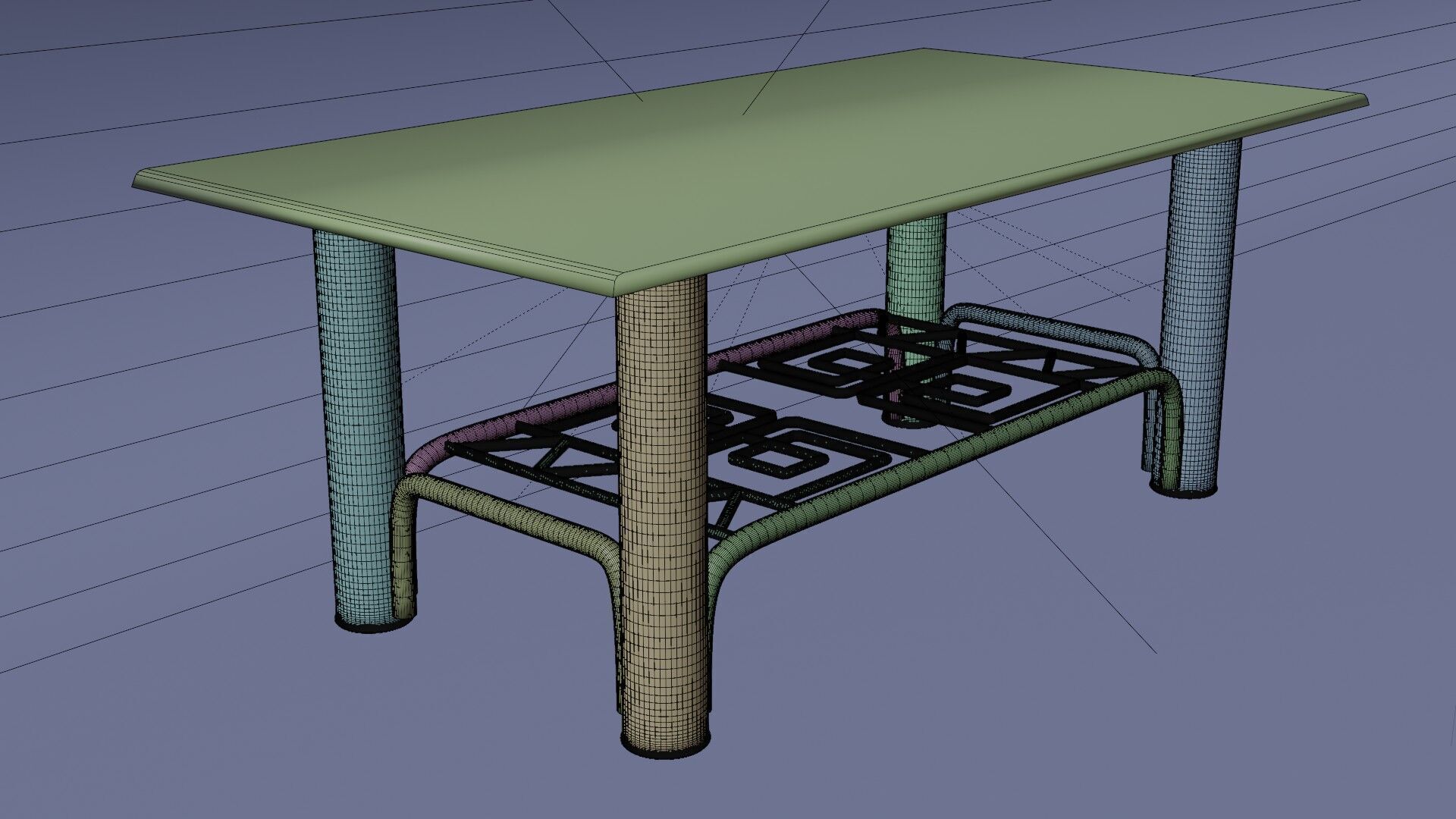 Modern Chrome Table with Blue Glass Top and Geometric Pattern 3D model_13