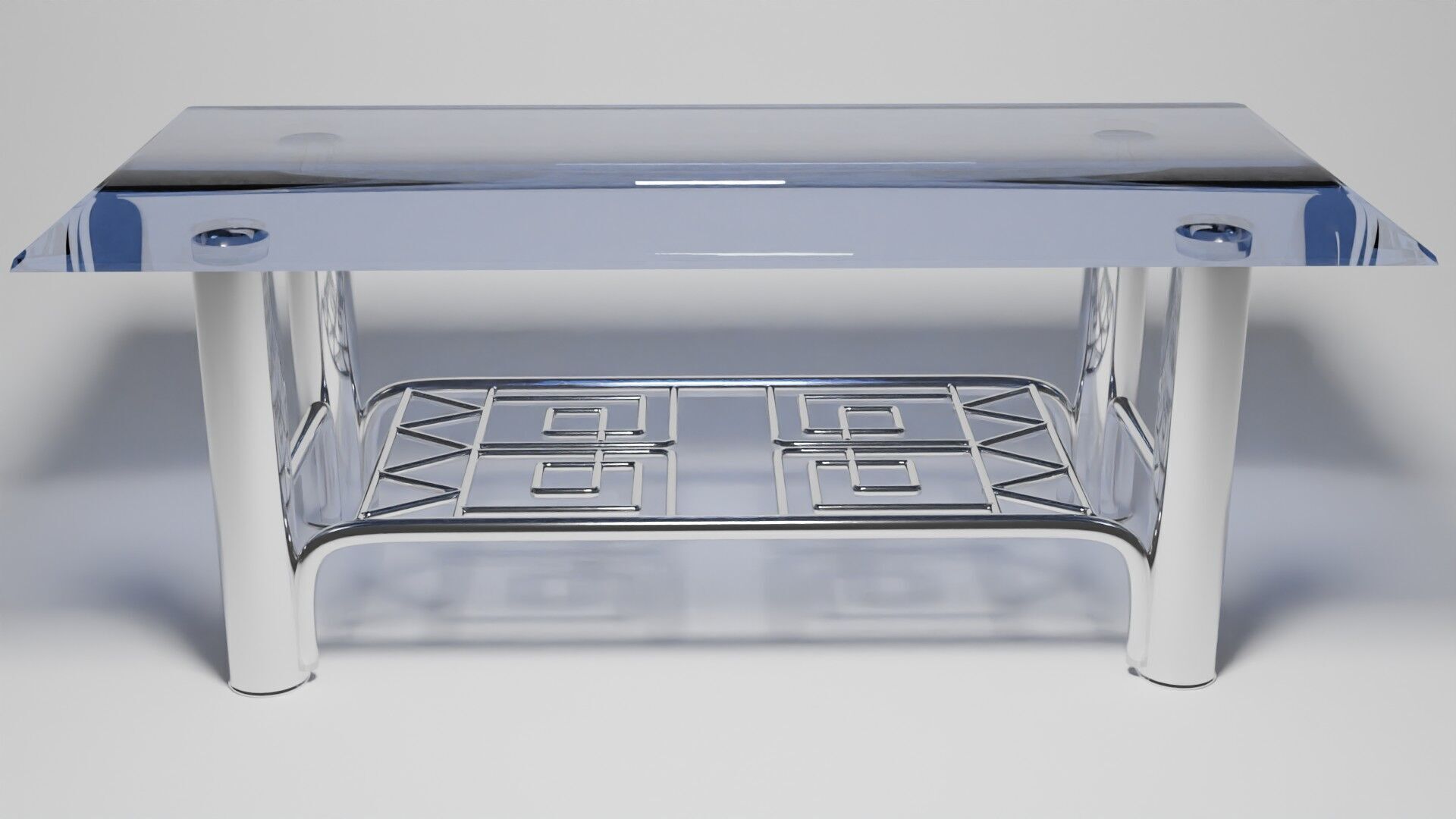 Modern Chrome Table with Blue Glass Top and Geometric Pattern 3D model_2