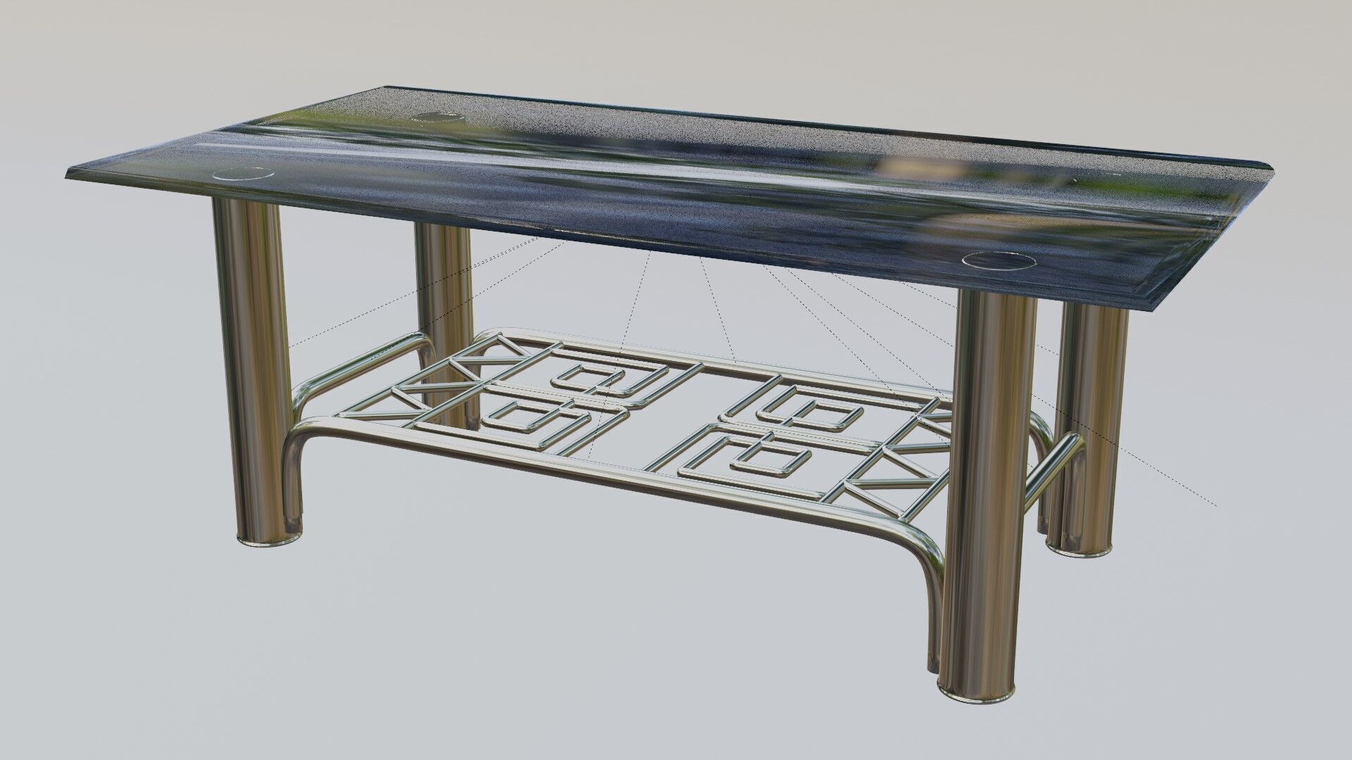 Modern Chrome Table with Blue Glass Top and Geometric Pattern 3D model_6