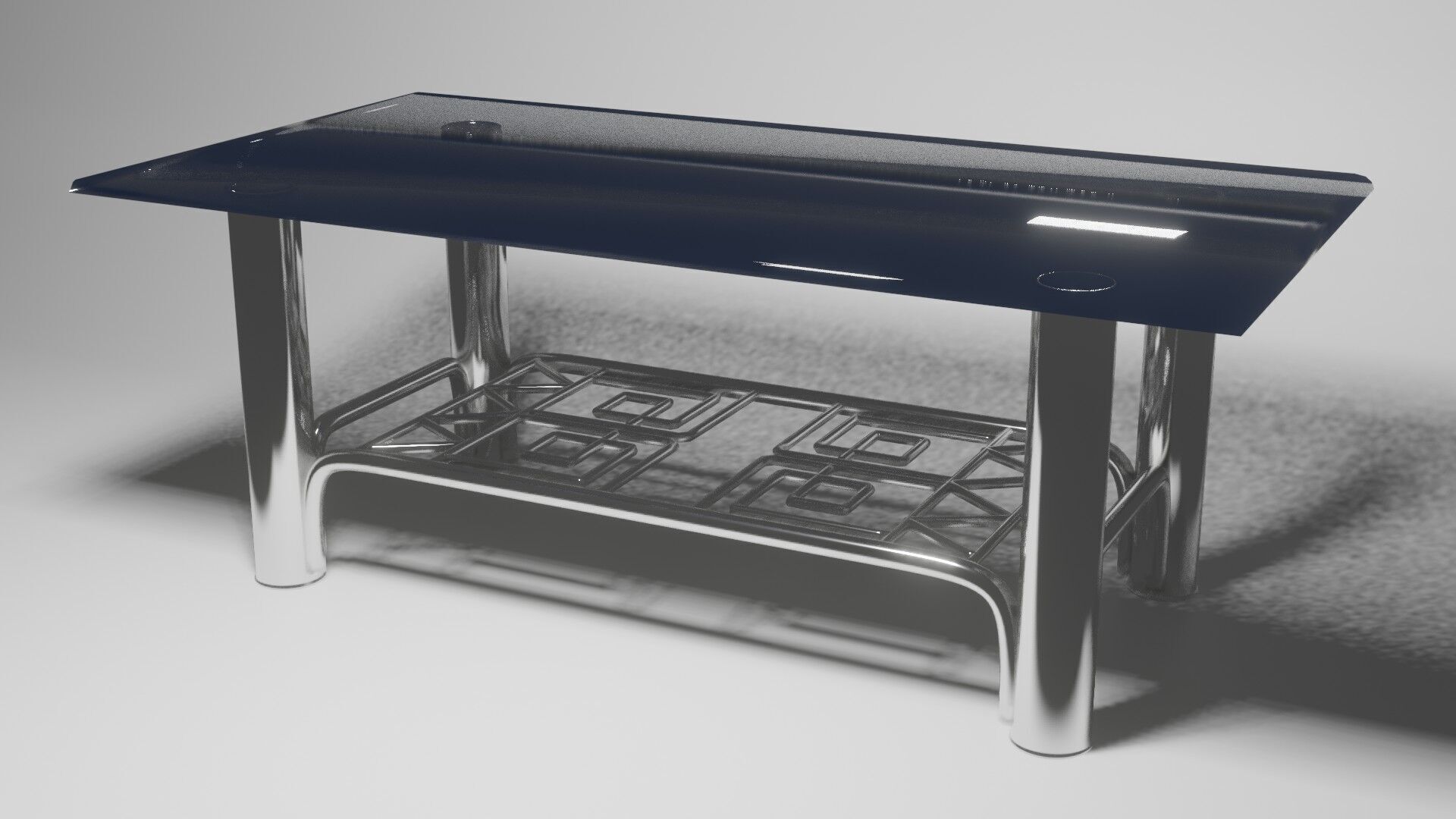 Modern Chrome Table with Blue Glass Top and Geometric Pattern 3D model_3
