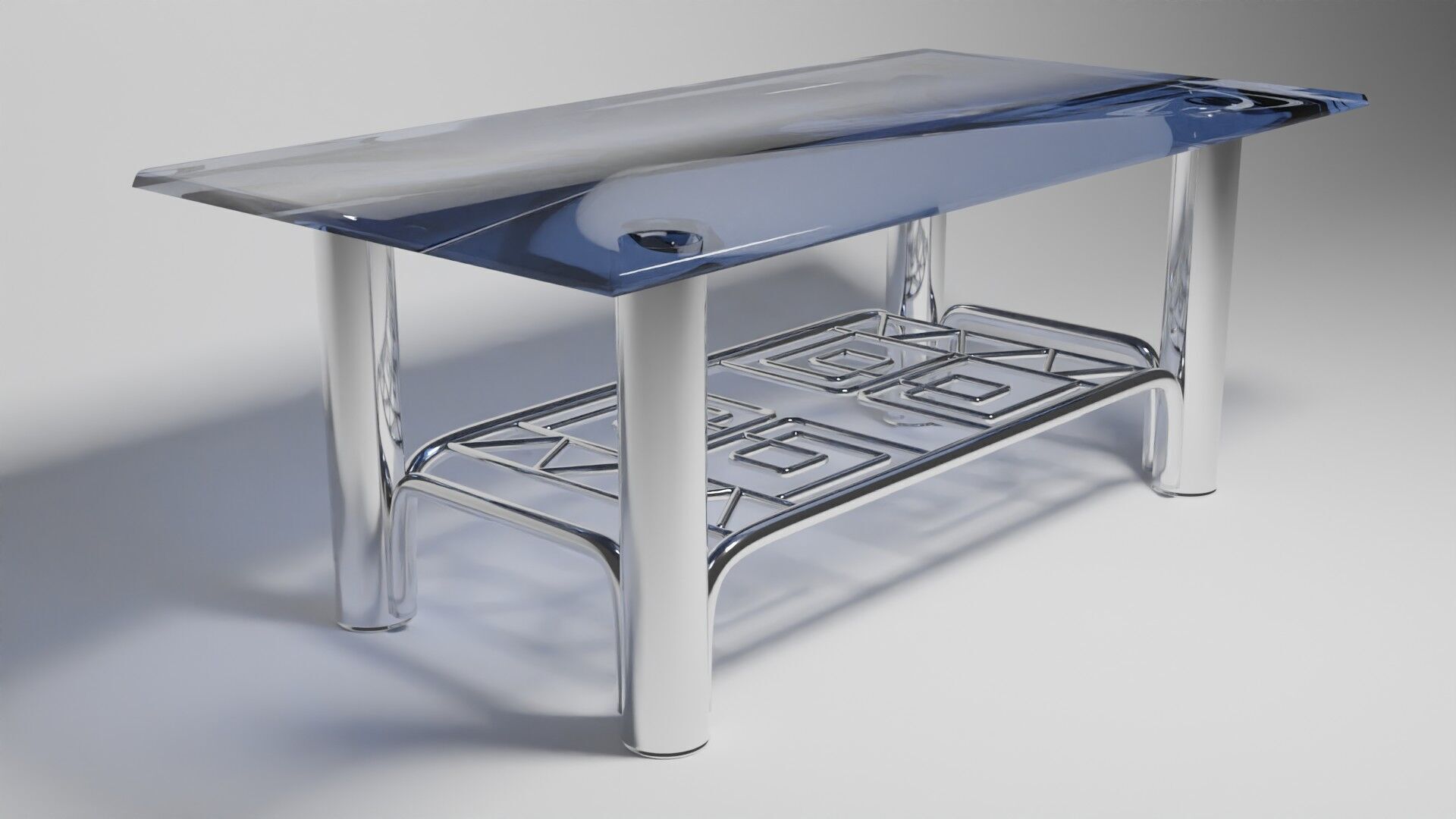 Modern Chrome Table with Blue Glass Top and Geometric Pattern 3D model_1