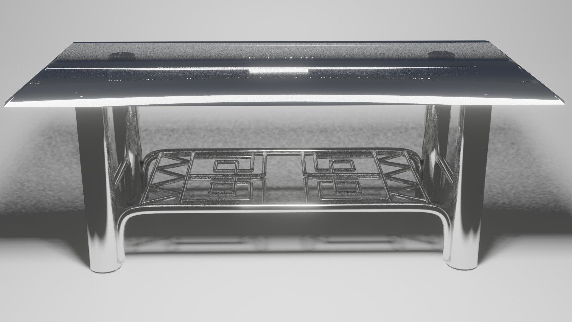 Modern Chrome Table with Blue Glass Top and Geometric Pattern 3D model_5