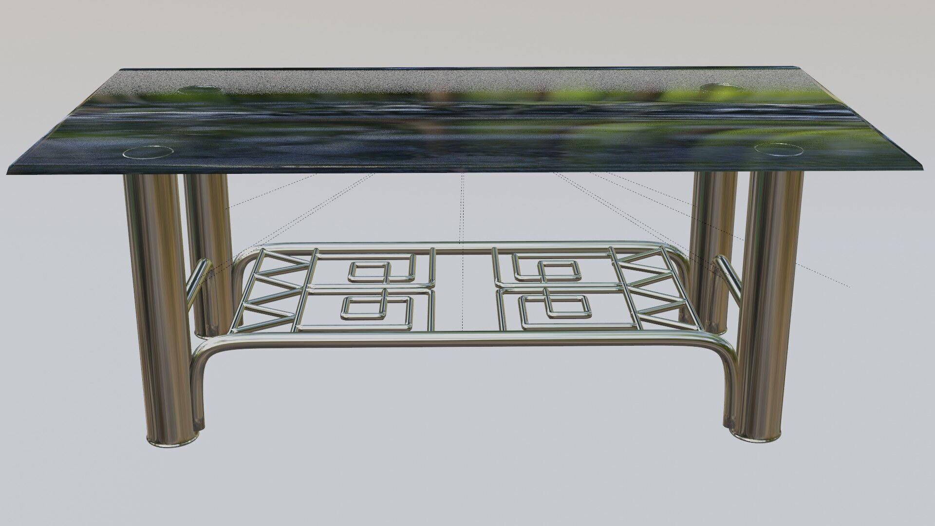 Modern Chrome Table with Blue Glass Top and Geometric Pattern 3D model_8