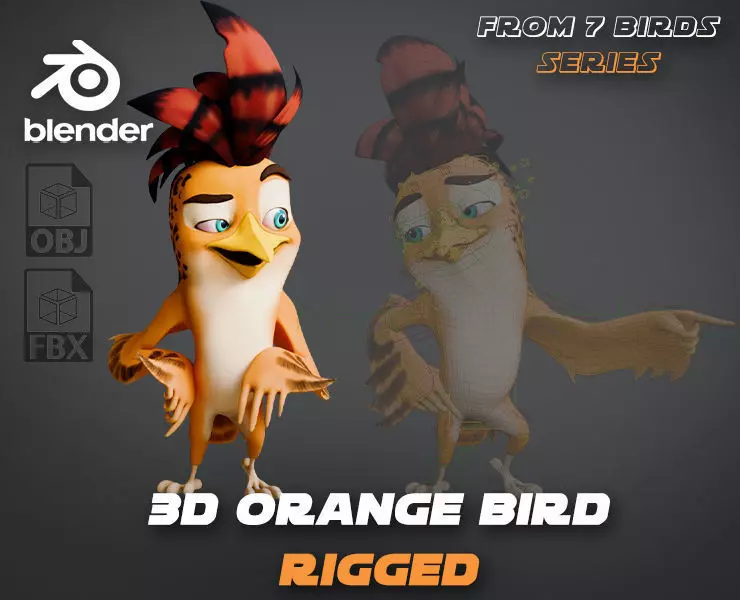 3D Orange - Rigged Cartoon Bird Low-poly 3D model_0