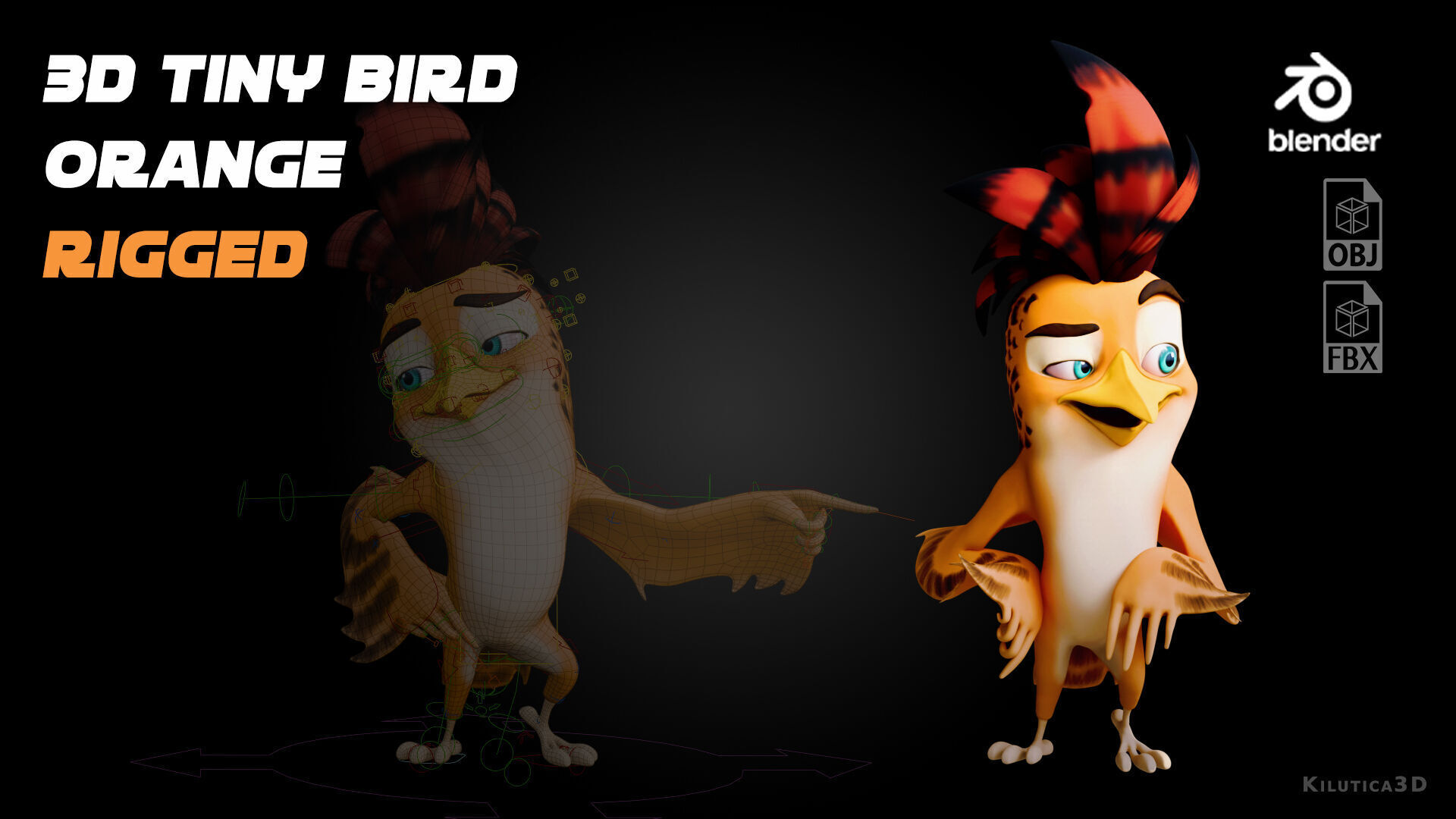 3D Orange - Rigged Cartoon Bird Low-poly 3D model_16