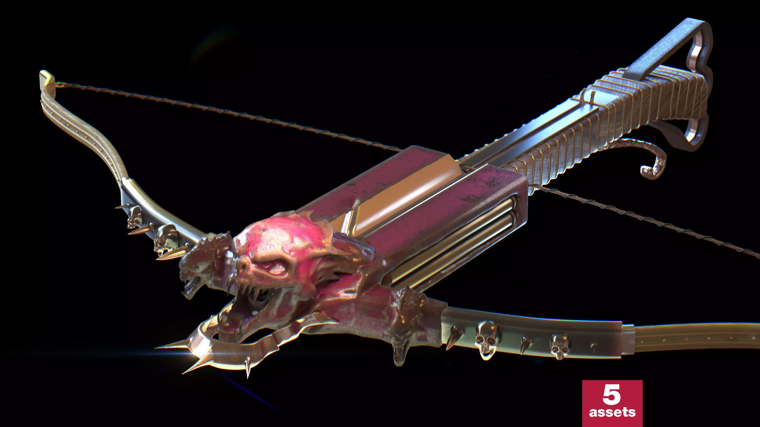 PBR Medieval Demon Skull Crossbow with Arrows  Low-poly 3D model_0