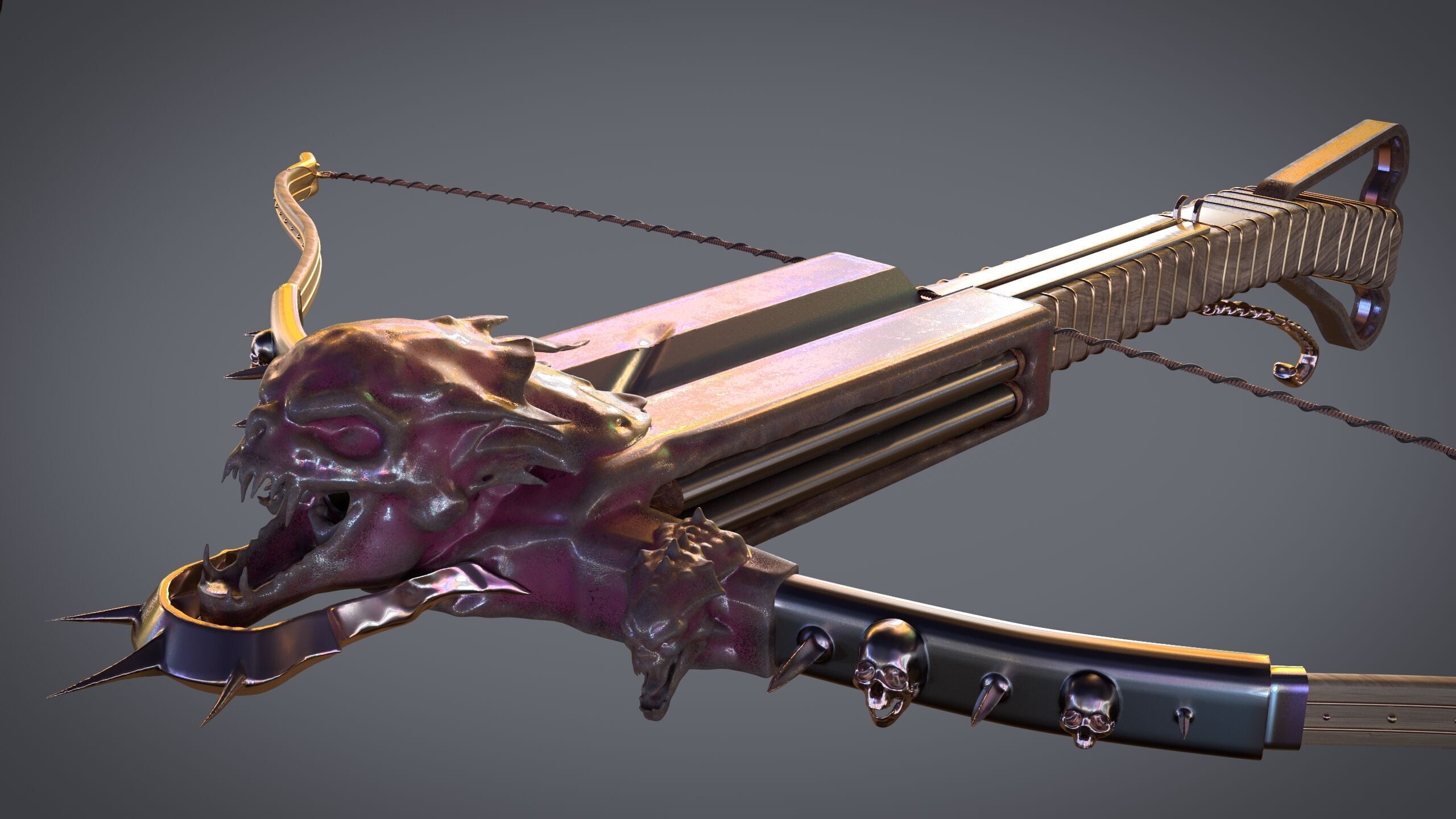 PBR Medieval Demon Skull Crossbow with Arrows  Low-poly 3D model_17