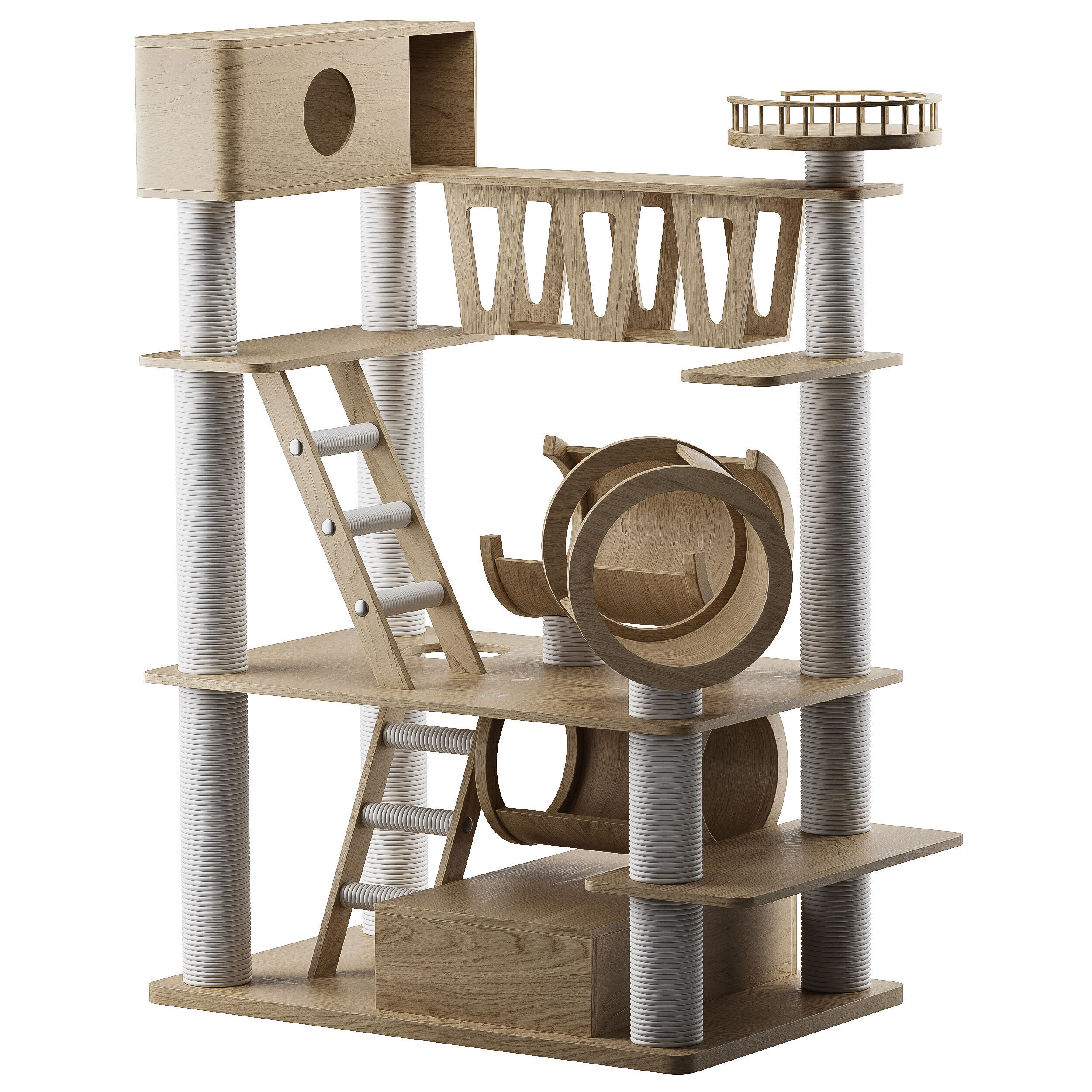 Wooden Cat Litter Box Frame with Integrated Luxury Play Area 3D model_6