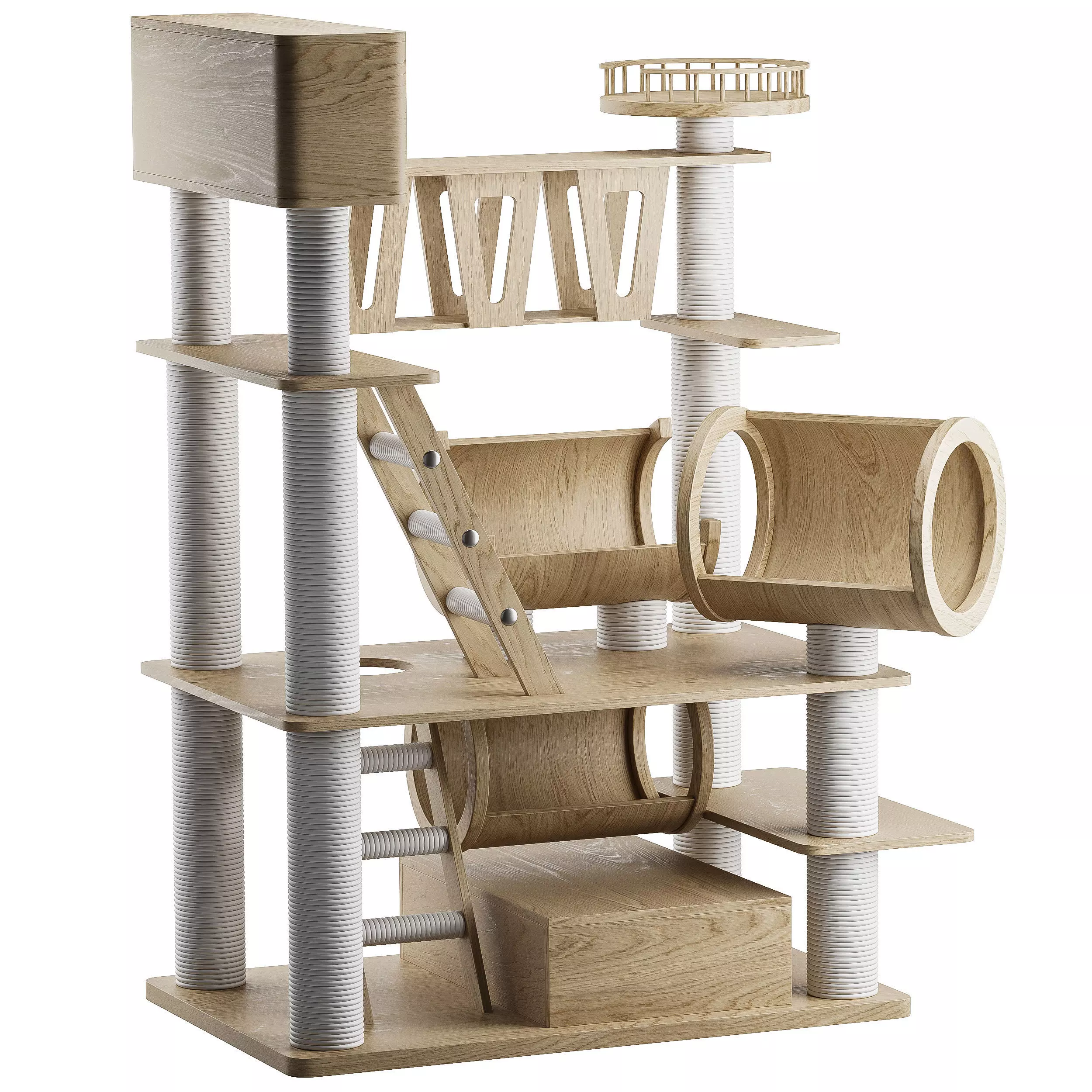 Wooden Cat Litter Box Frame with Integrated Luxury Play Area 3D model_0