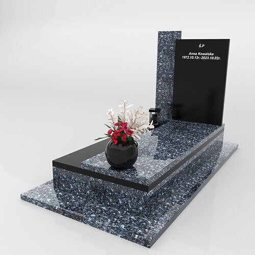 Modern granite gravestone with black panel and flower vase Low-poly 3D model