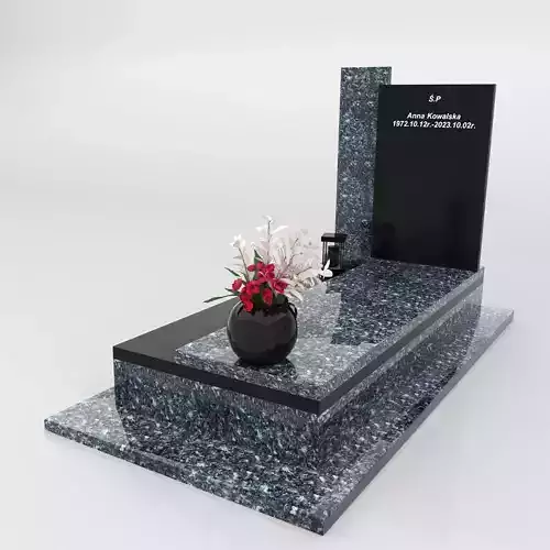 Modern granite gravestone with black panel and flower vase