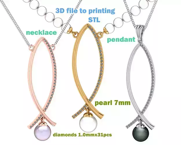 Printable jewelry pendant necklace whith pearl and diamonds STL